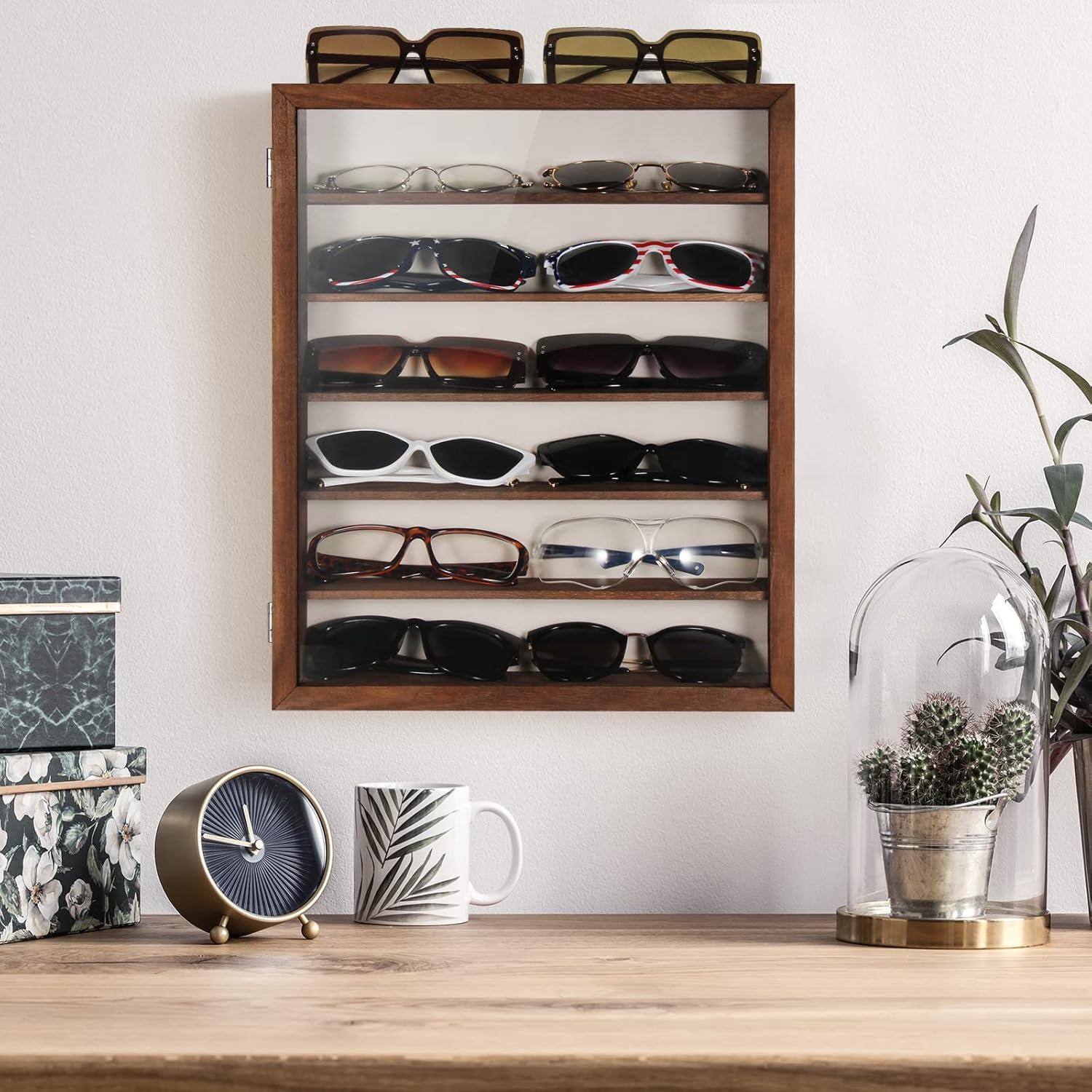 Latitude Run® Sunglasses Organizer Storage Wall Mounted, Eyewear Display Case Rustic Wood Eyeglasses Holder Large Glasses Storage Box