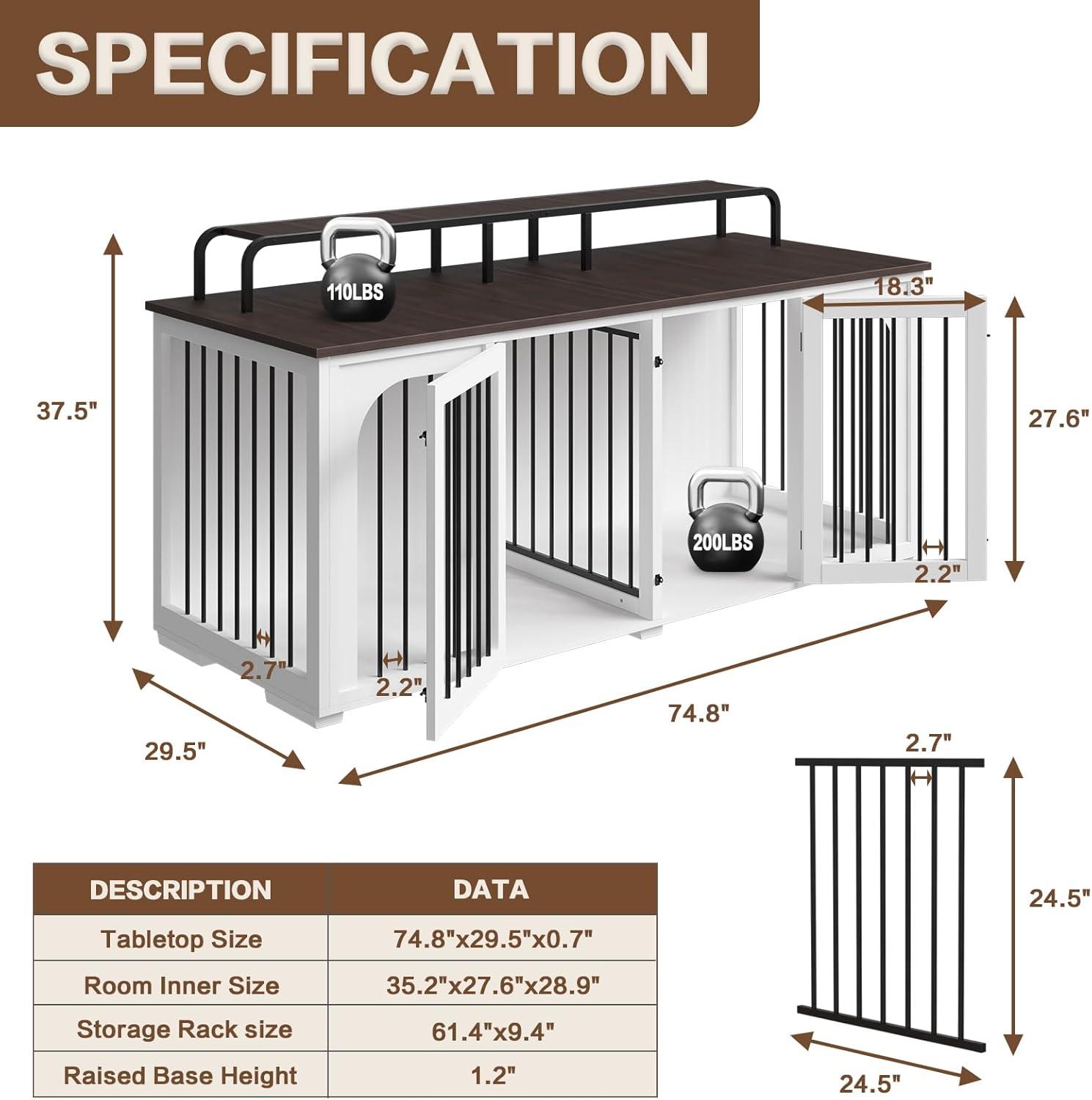 Tucker Murphy Pet™ 74.8" XXL Double Dog Kennel Furniture For Large Breed,Heavy Duty Wooden Dog Crate Cage Furniture Style With Storage Rack And Divider For 2 Dogs Indoor,White & Reviews | Wayfair