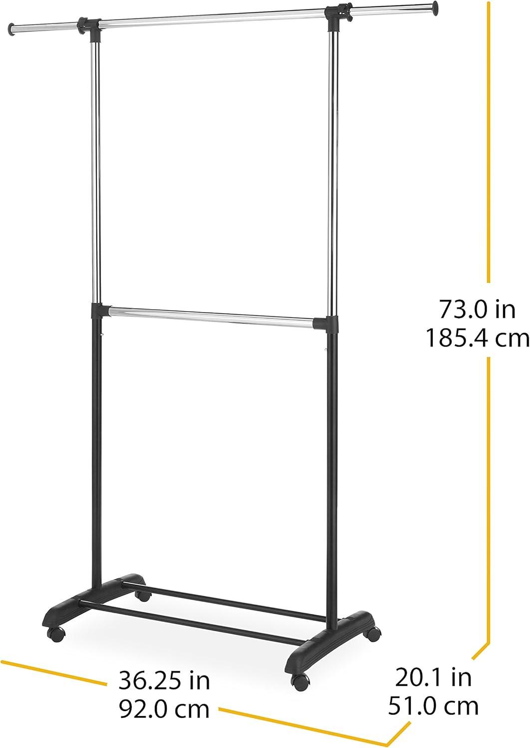 Whitmor Adjustable 2-Rod Rolling Garment Rack, Metal, Black and Chrome - 20.13 L x 36.25 W x 73 H