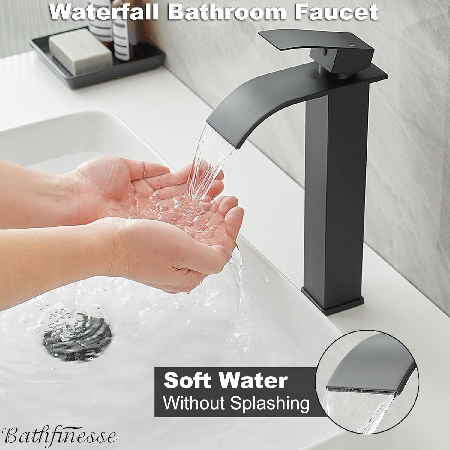 Waterfall Bathroom Faucet Single Handle，Bathroom Sink Faucet 1 Hole，Waterfall Faucet for Bathroom Sink，Vessel Sink Faucet Matte Black Tall Bathroom Faucet