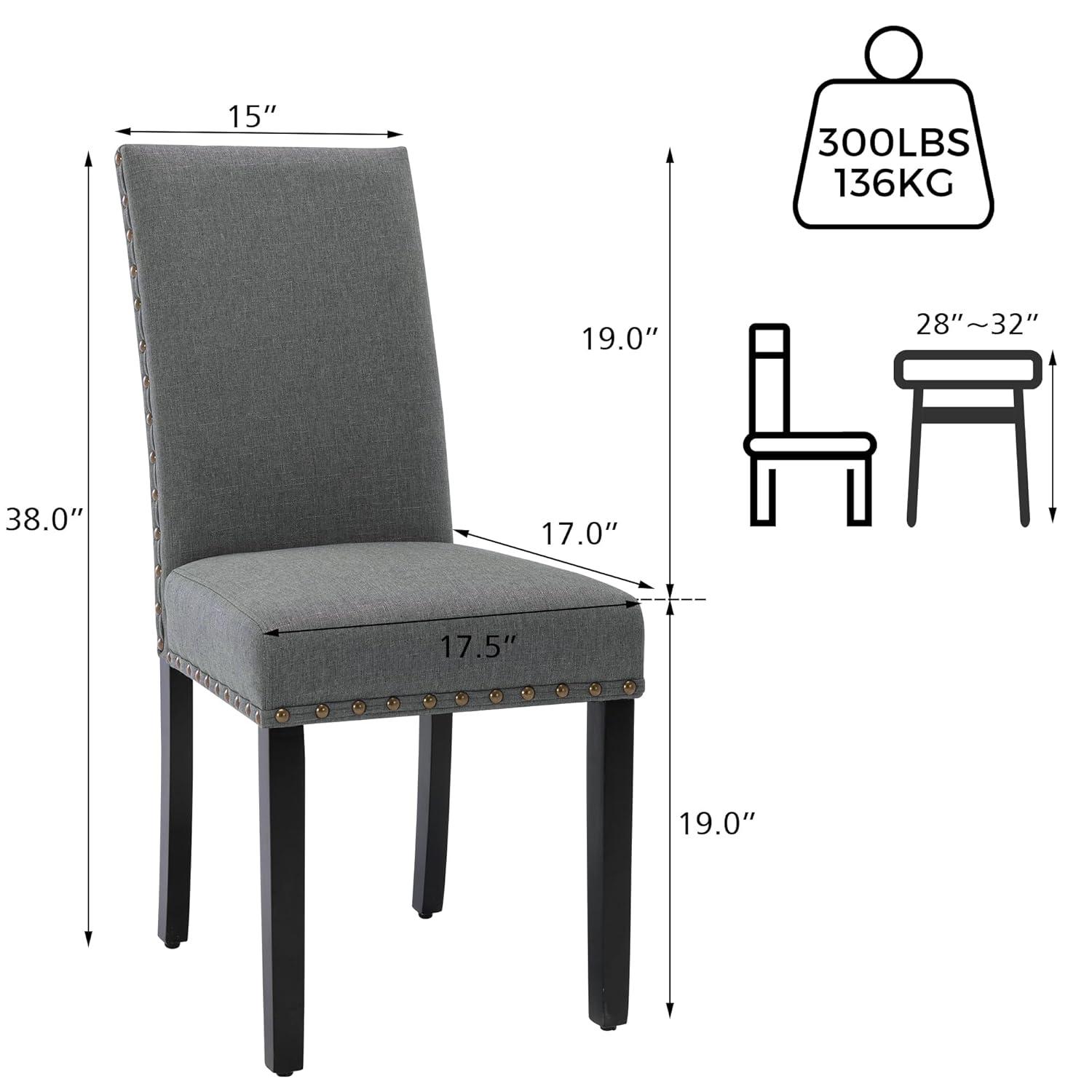 Upholstered Dining Chairs Set pf 2 Studded Parson Chairs with Nailheads and Sturdy Wooden Legs, Grey