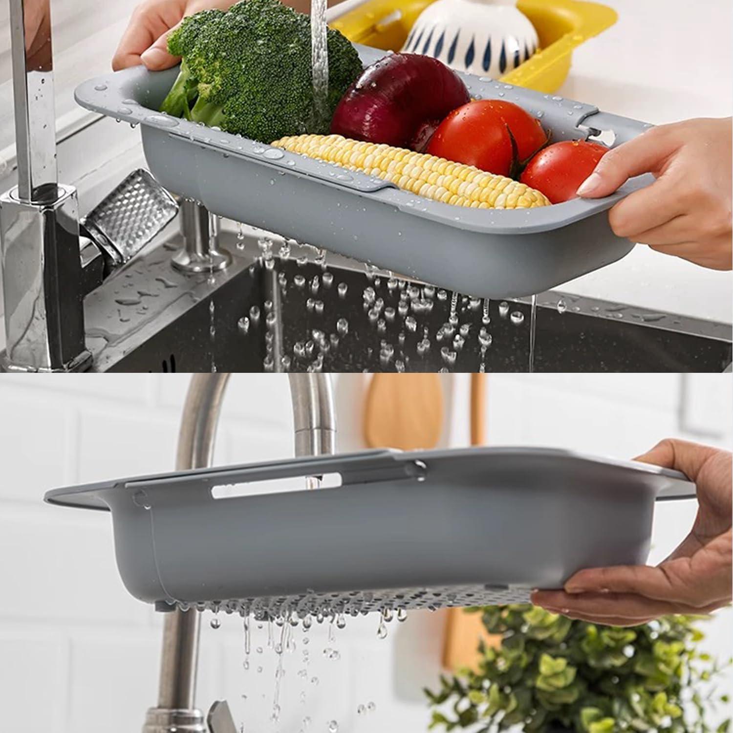 Extendable Sink Colander Strainer Basket - Wash Vegetables and Fruits, Drain Cooked Pasta and Dry Dishes - Adjustable Over the Sink Colander Collapsible Drainer Basket