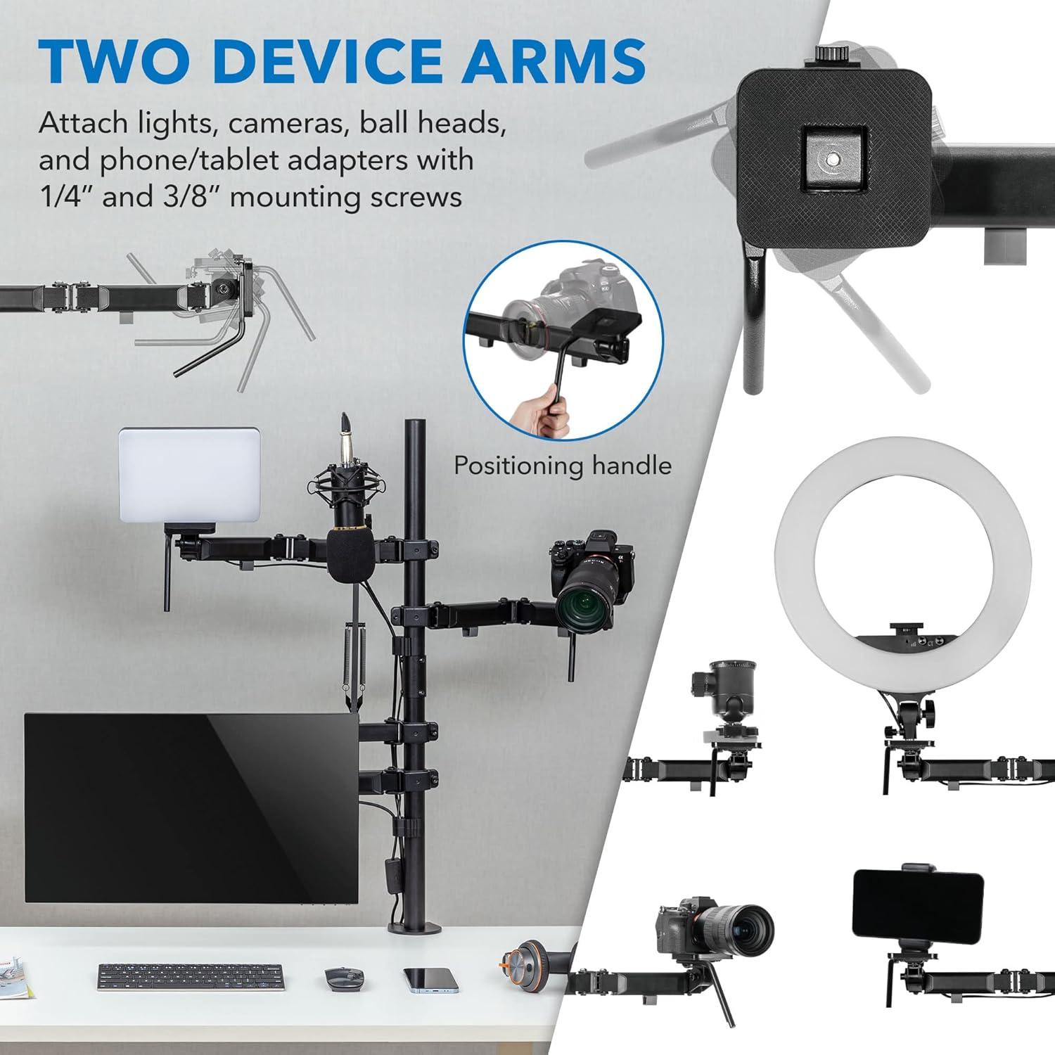 Mount-It! All in One Live Streaming Equipment | 4 Arm Streaming Desk Mount That Holds Monitor, Cameras & Ring Light with Mic | Desktop Live Stand Set