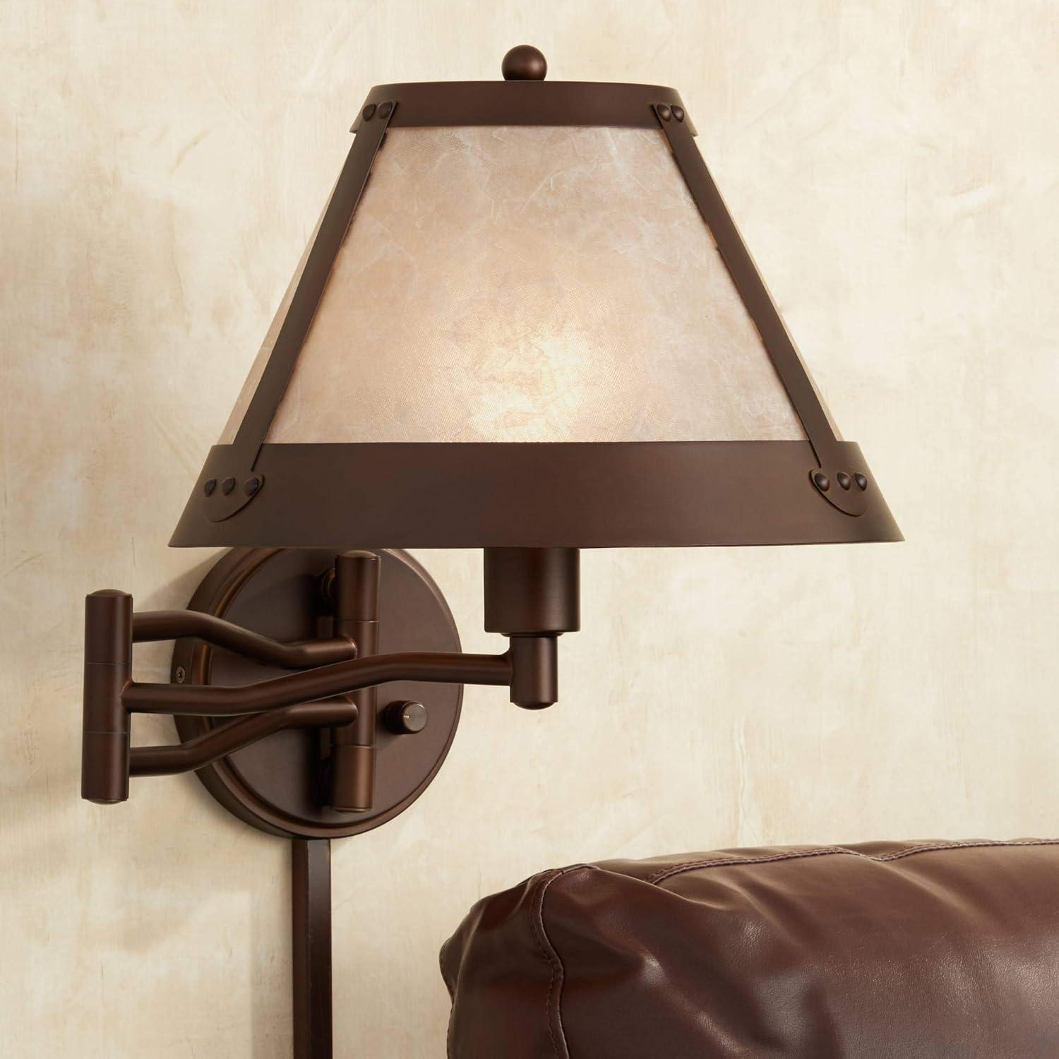 Franklin Iron Works Samuel Rustic Farmhouse Swing Arm Wall Lamp Bronze Plug-in Light Fixture Natural Mica Shade for Bedroom Bedside Living Room House