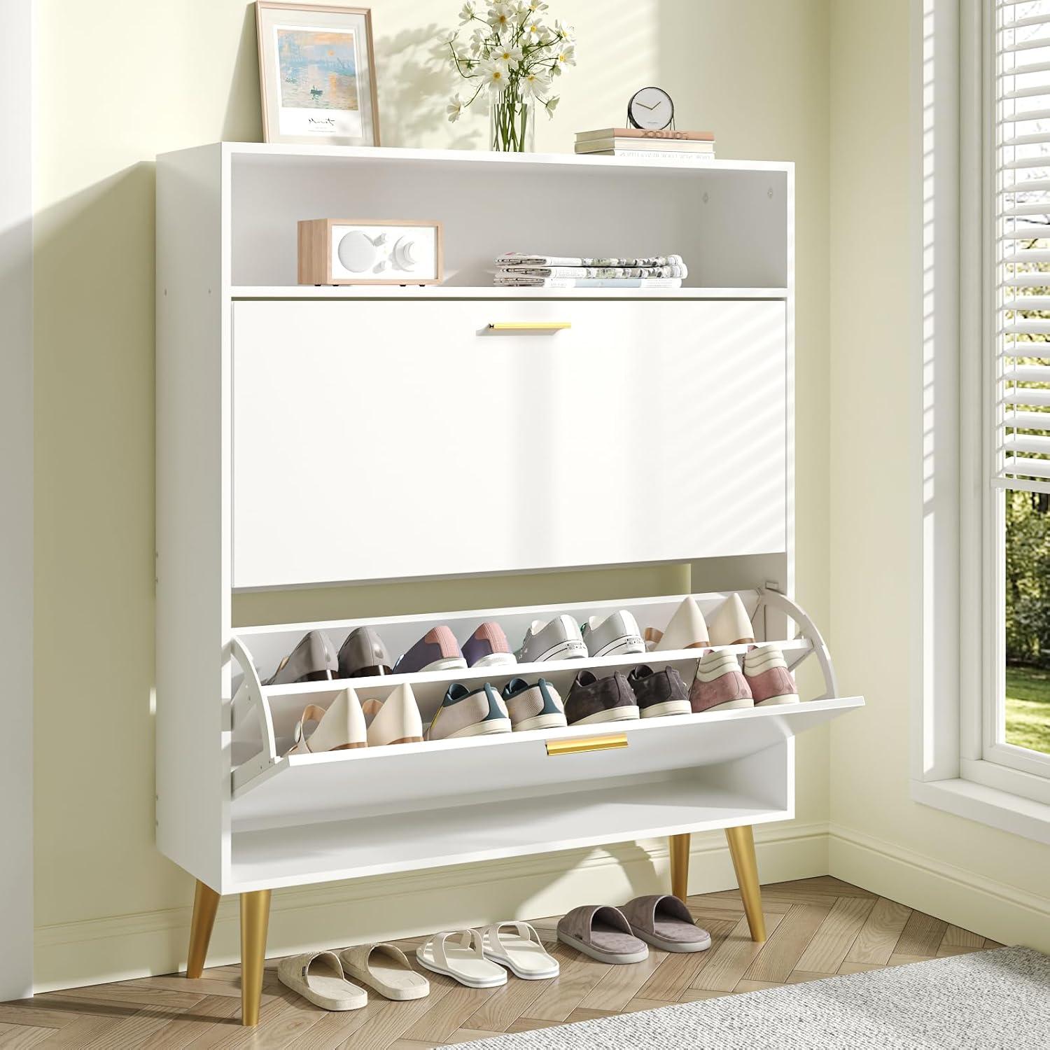 Shoe Cabinet Storage for Entryway  Freestanding Slim Shoe Organizer Cabinet with 2 Flip Drawers  Narrow Shoe Rack with Open Shelves for Hallway  Living Room  White