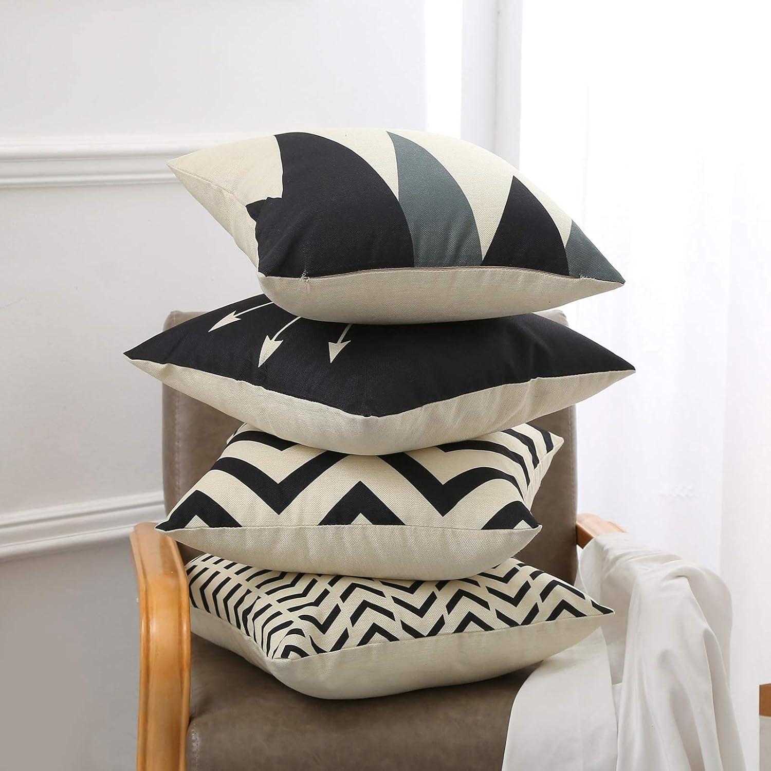 Set of 4 Black and Beige Geometric Cotton Polyester Pillow Covers