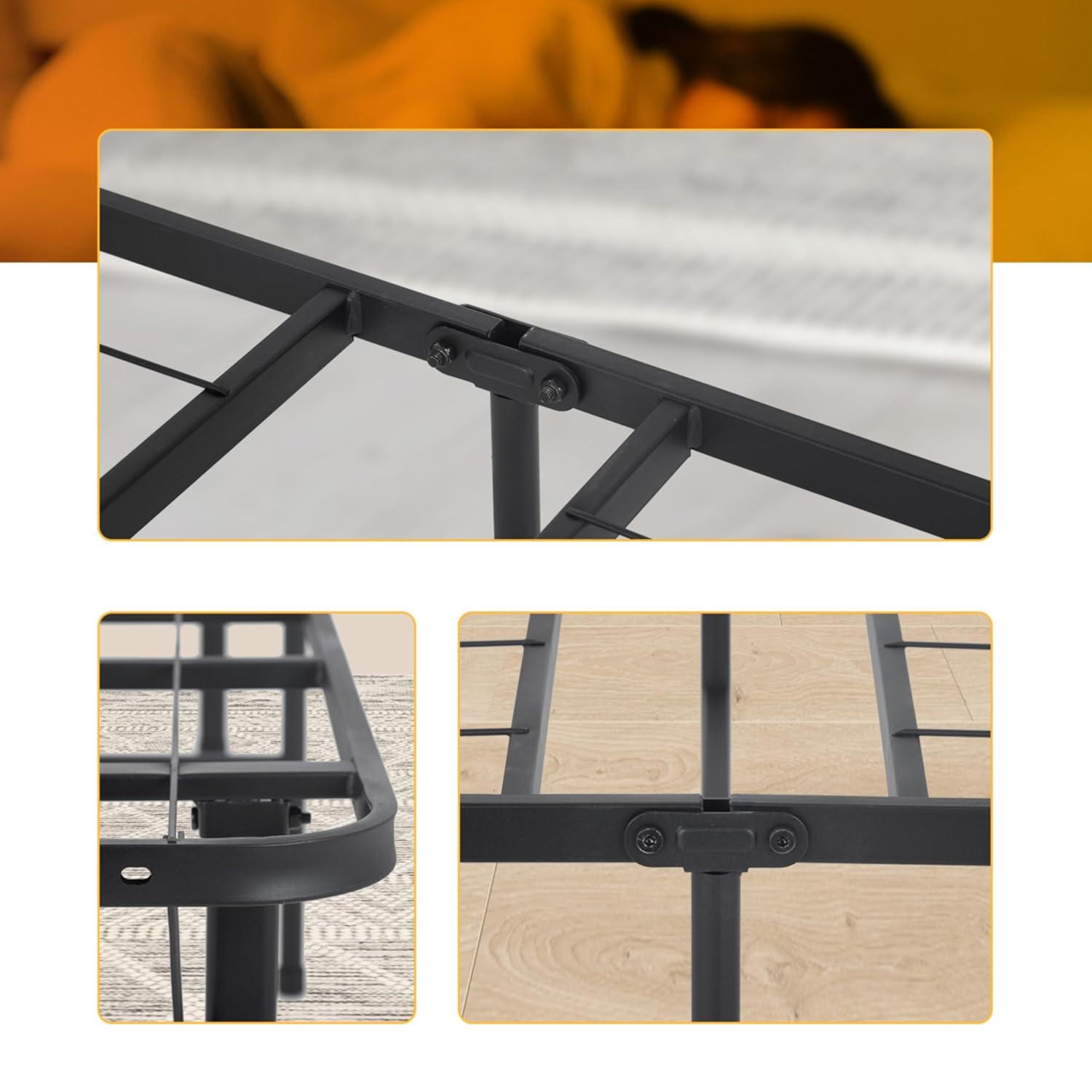 24/7 Shop at Home Aiso 14 Inch Metal Foldable Bed Frame Full Size, No Box Spring Required, Heavy Duty Bedframe with Storage Space Underneath, Sturdy and Non-Slip Slats Platform, Easy Assembly, Black