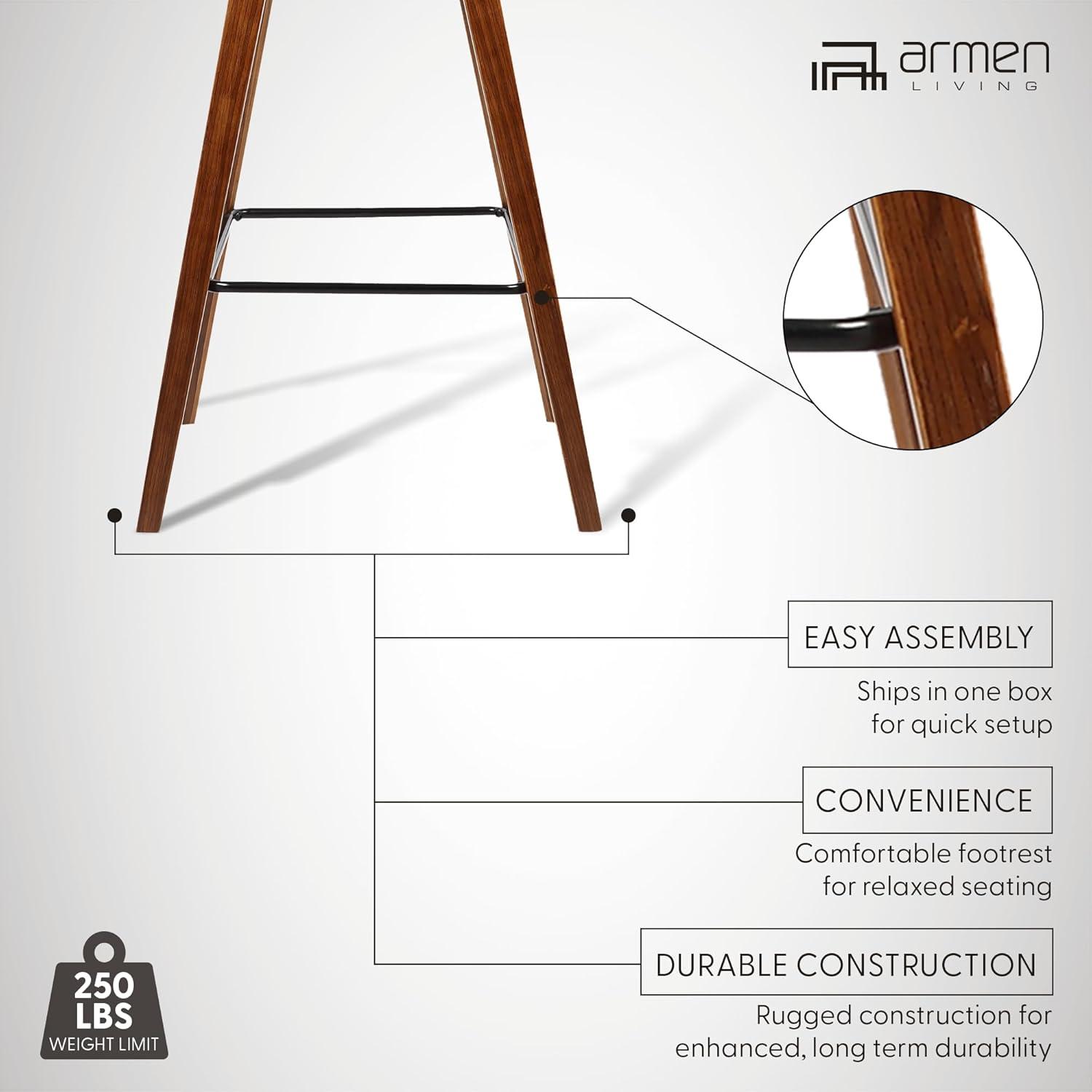 Armen Living 26" Fox Mid-Century Counter Height Barstool in Brown Faux Leather with Walnut Wood: Upholstered Square Seat, Padded Back