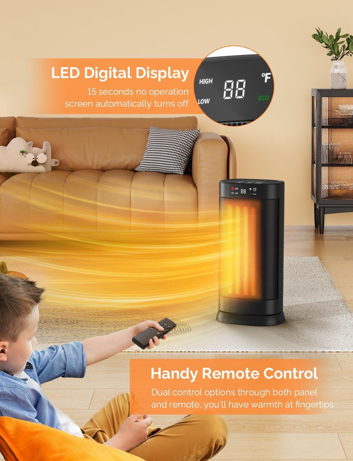 Black Ceramic Electric Tower Heater with Thermostat and Oscillation