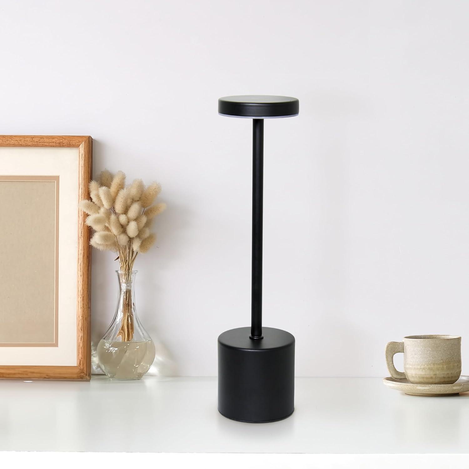 Simple Designs 12.75" Mushroom Magic Disc Dimming and Rechargeable Cordless 4-Way Touch Sensor Stick Desk Lamp Black