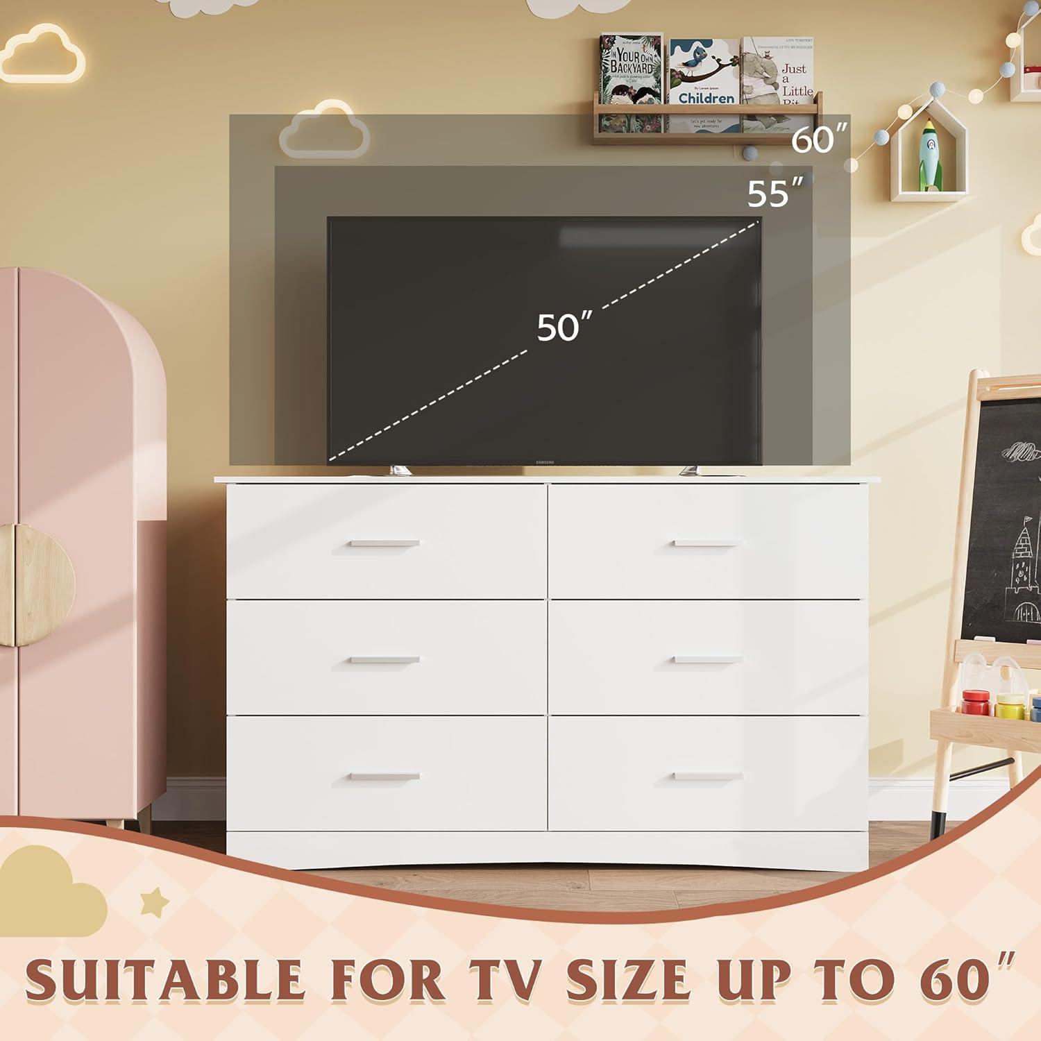 Miekor 6 Drawer Double Dresser for Bedroom, Wide Storage Cabinet for Living Room Home Entryway, White G6054