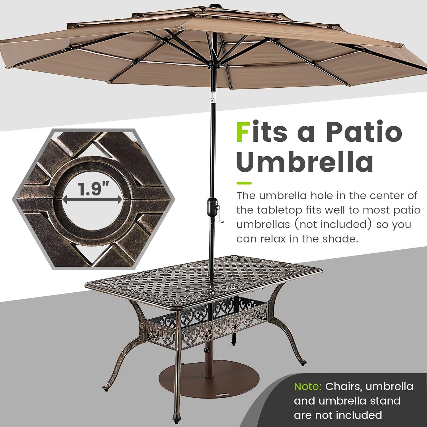 Giantex Patio Dining Table, Cast Aluminum Outdoor Table for 6 or 8 Persons, Heavy-Duty Structure, Adjustable Footpads, All-Weather Square Umbrella Table with Hole, 59" Lx35.4 Wx28.3 H