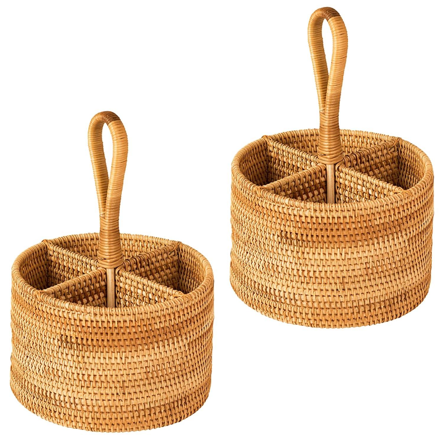 Stack man 2 Pack Rattan Round Condiment Carrier Cooking Utensil Caddy Holder- 4-Compartment Handmade Flatware Organizer Silverware Caddy For Tabletop,Parties, Cooking Utensil Condiment Organizer