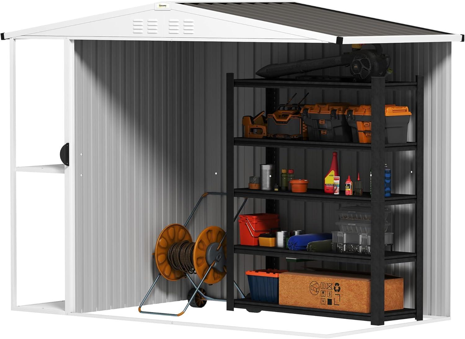 Outsunny 8 x 4ft Outdoor Storage Shed, Metal Garden Shed with 2-Tier Storage Rack, Air Vents and Lockable Door, Tool Shed for Backyard, Patio, Lawn