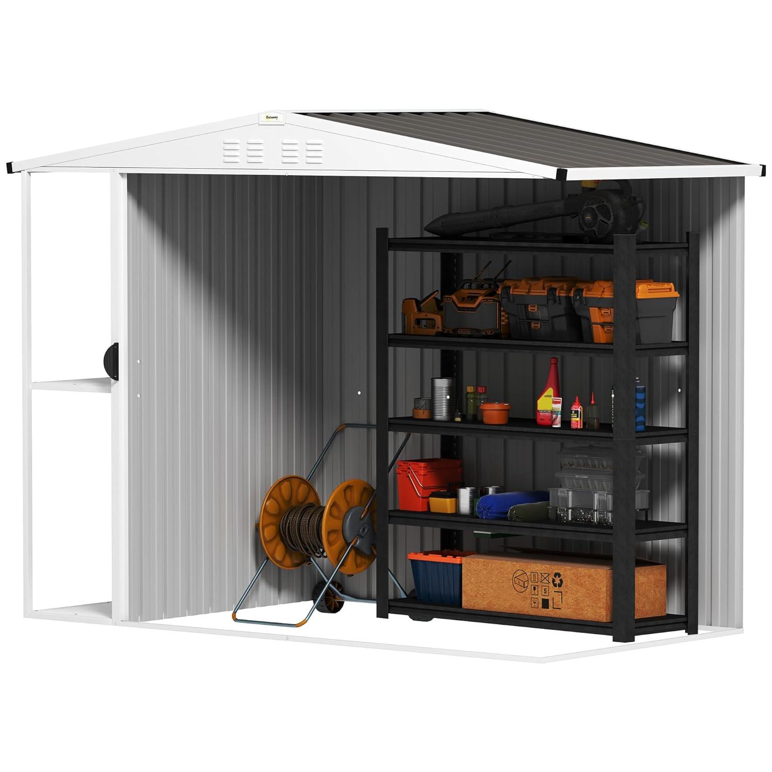 Outsunny 8 x 4ft Outdoor Storage Shed, Metal Garden Shed with 2-Tier Storage Rack, Air Vents and Lockable Door, Tool Shed for Backyard, Patio, Lawn
