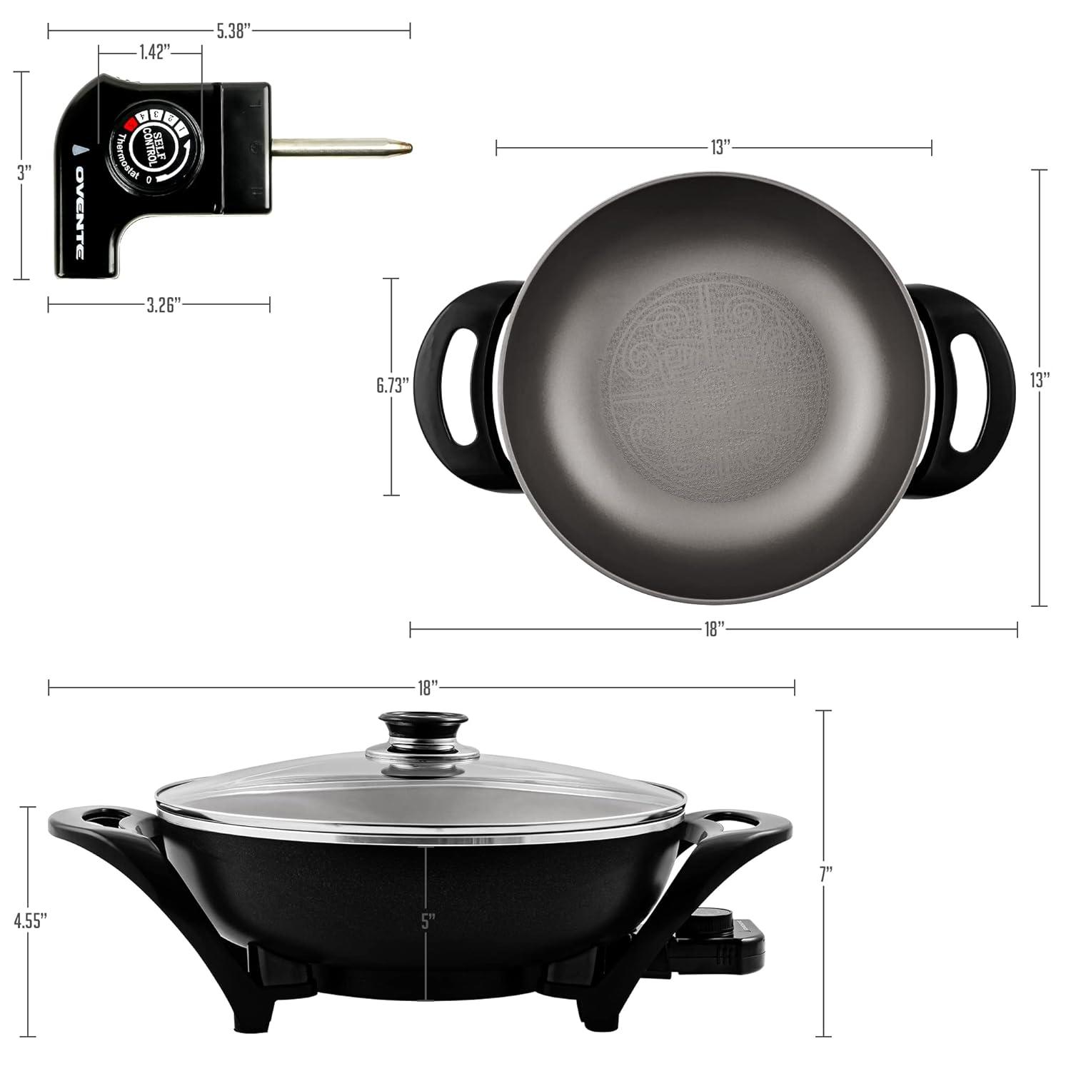 OVENTE Electric Wok with Nonstick Coating, 13 Inch Family-Sized Skillet, 1400W Power, Adjustable Temperature, Tempered Glass Lid, Cool Touch Handles and Easy to Clean Frying Surface, Black SK3113B