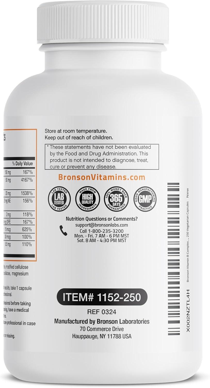 Bronson Vitamin B Complex with Vitamin C - Immune Health, Energy Support & Nervous System Support - NON-GMO, 250 Vegetarian Capsules