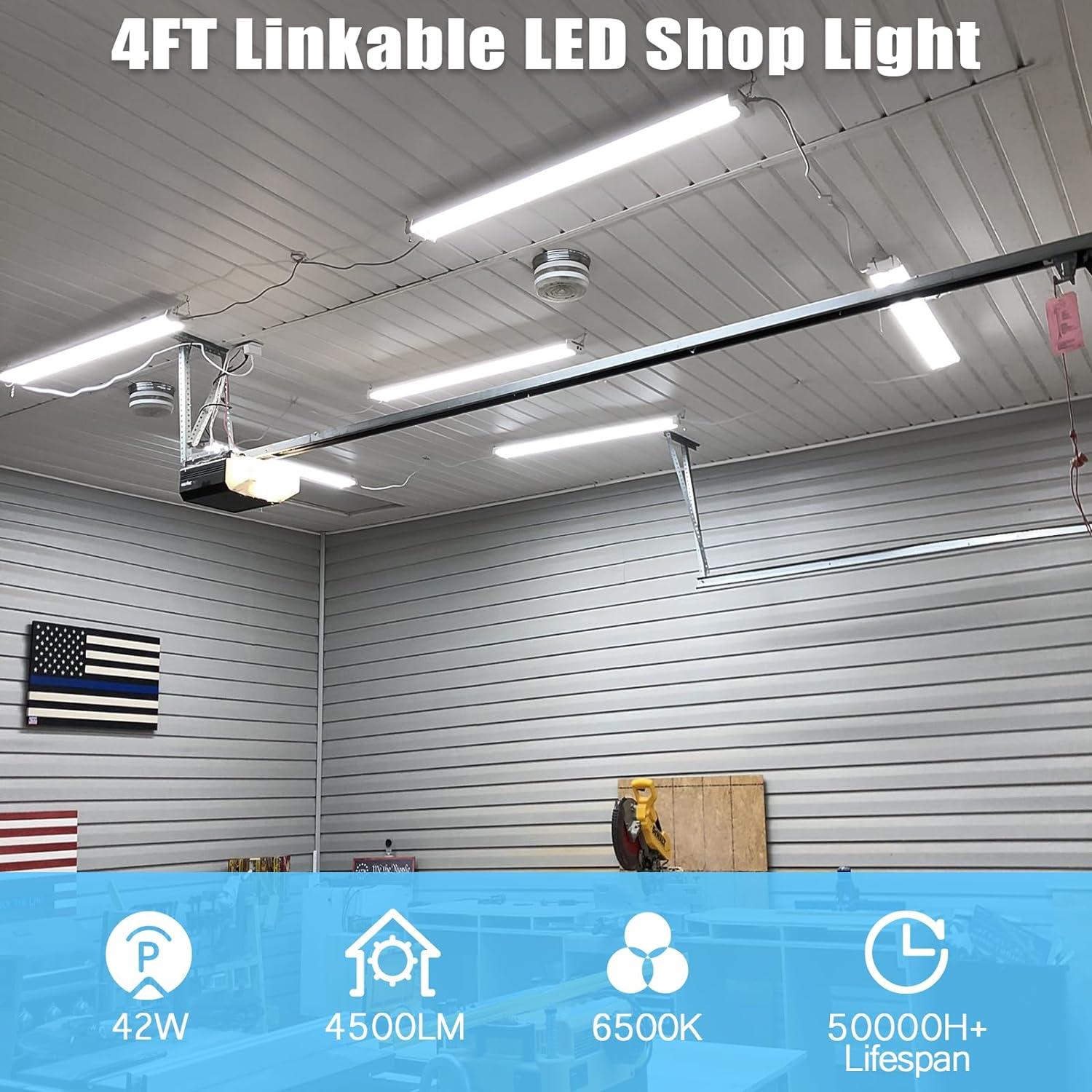 4FT Linkable LED Shop Light for Garages, 42W 4800LM 5000K Daylight White LED Shop Lights, LED Ceiling Light, with Pull Chain (ON/Off), Linear Worklight Fixture with Plug, 4 Pack