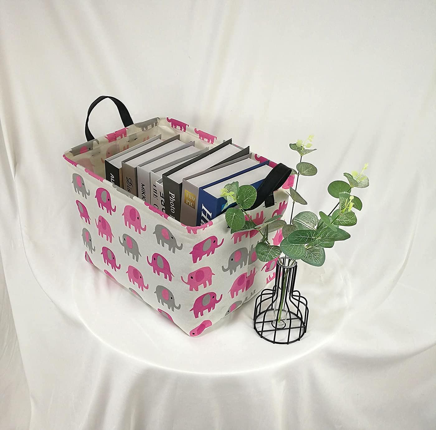 Elephant Print Rectangular Storage Bin Shelf Basket Canvas Fabric Toy Box,Waterproof Coating Nursery Hamper with Handles,Gift Basket for Home,Office,Clothes,Books(pink grey elephant)