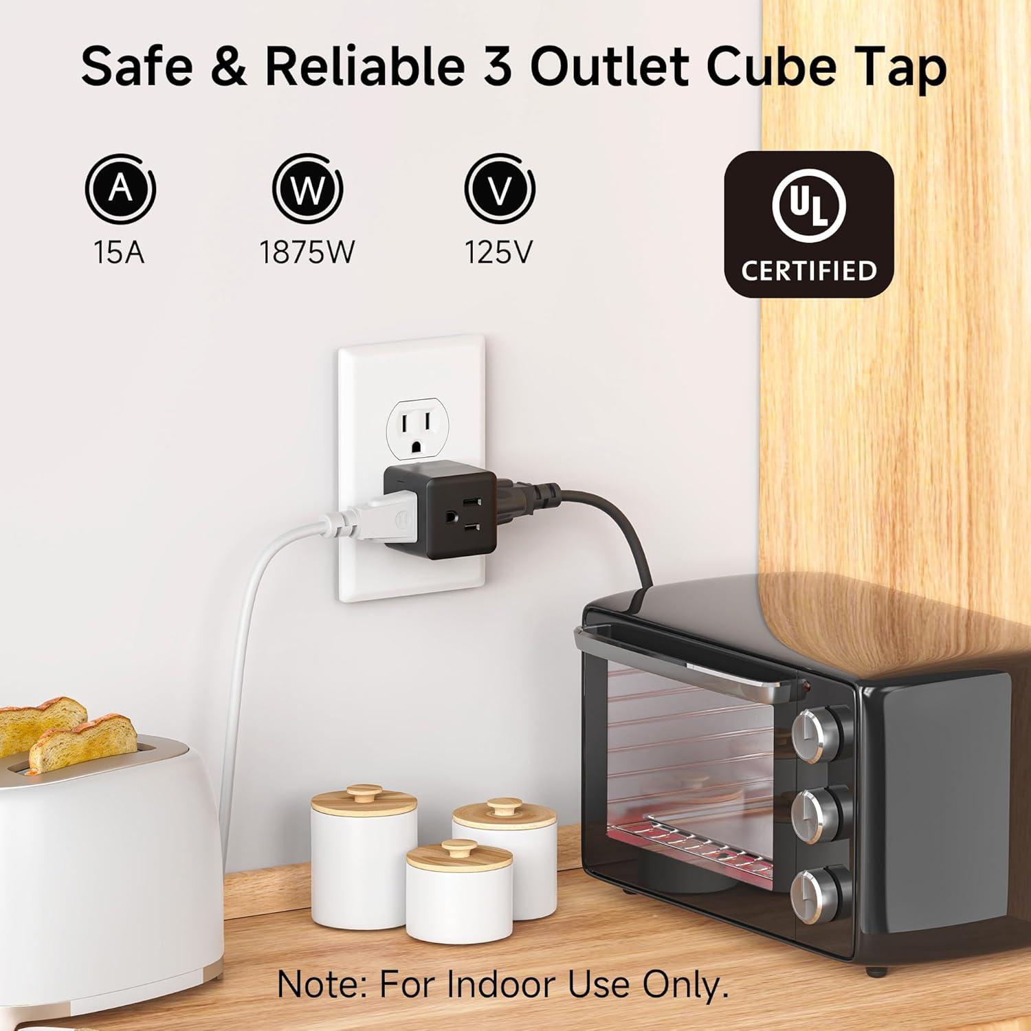 [UL Listed] Cable Matters 3-Pack 3 Outlet Wall Adapter (Grounded Cube Tap, Outlet Splitter, 3 Way Plug Adapter, 3-Prong Power Splitter), Black