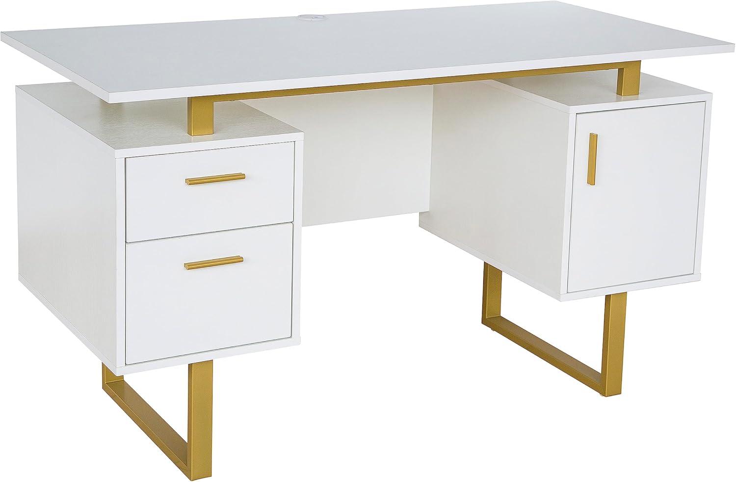 Techni Mobili Modern Adult Office Desk with Drawers and Storage, 51.25”W, White/Gold RTA-7002-GLD