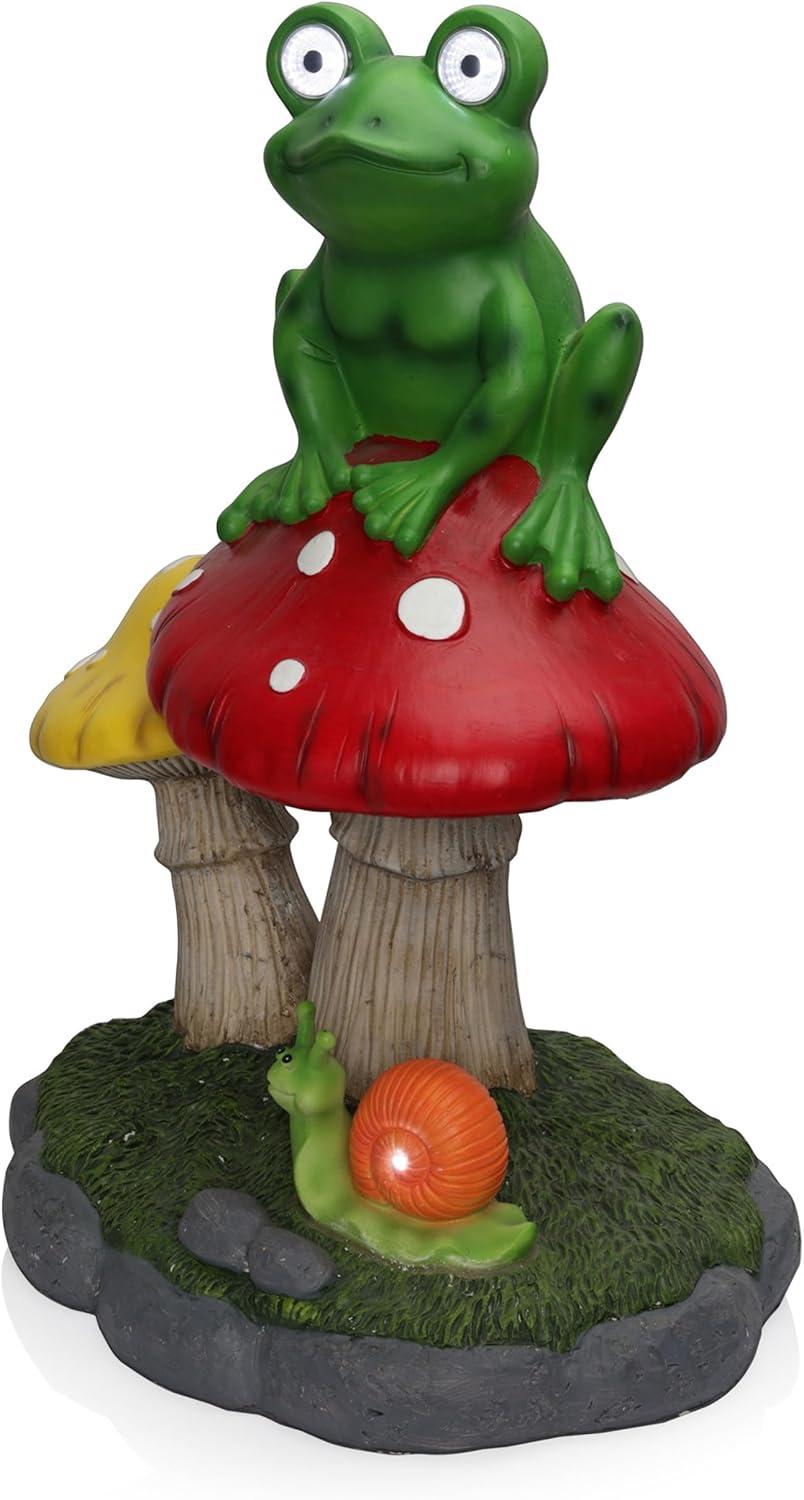 Solar Frog Sitting On Top of Mushroom Statue