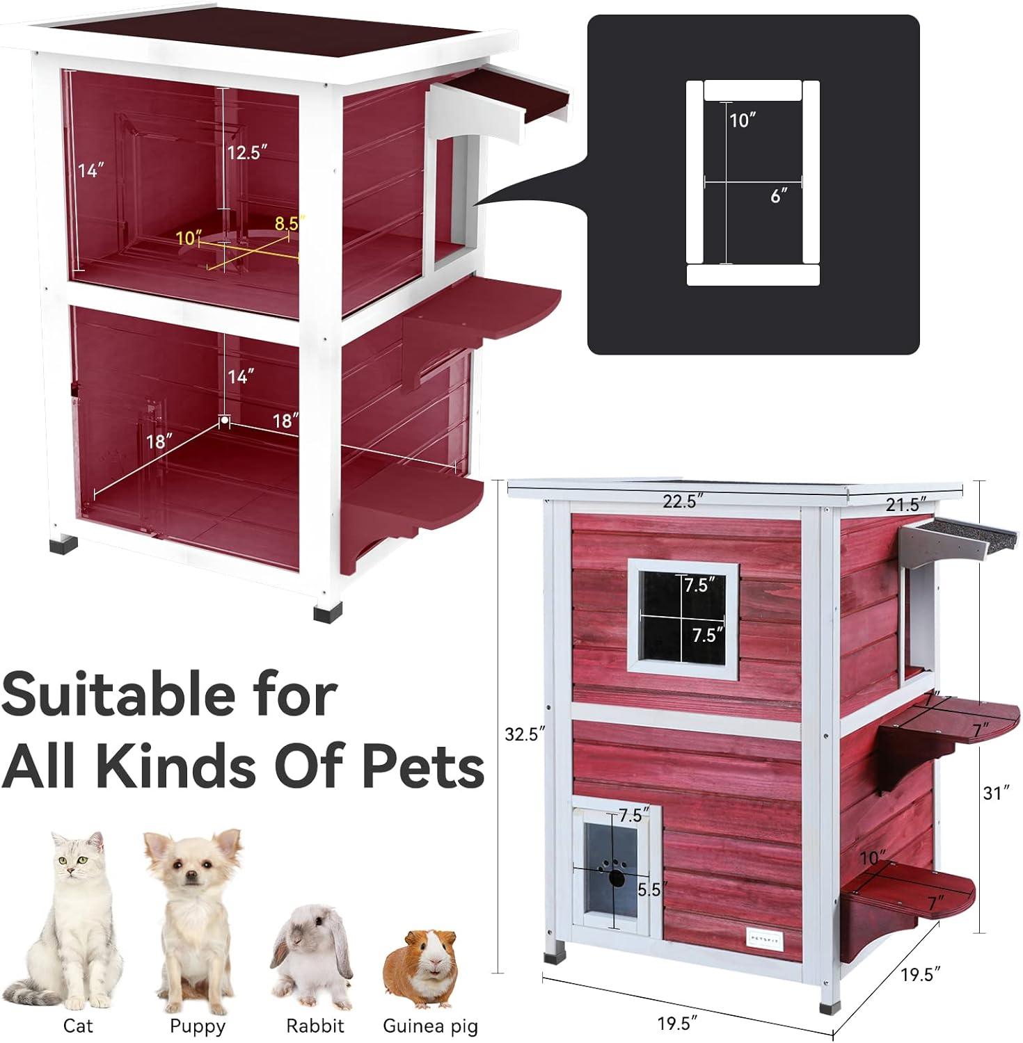 Petsfit 2-Story Weatherproof Outdoor Kitty Cat House/Condo/Shelter with Escape Door Red
