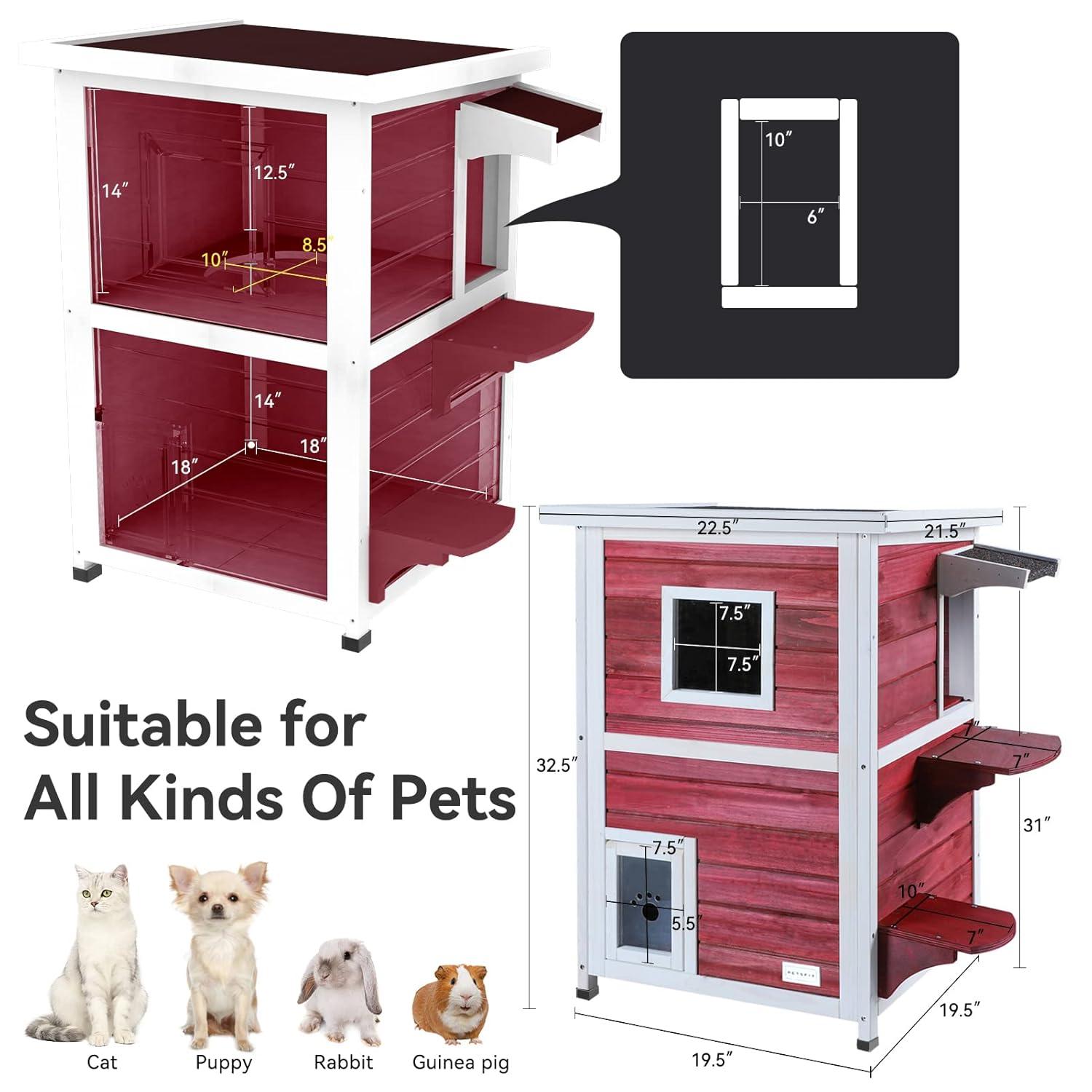 Petsfit 2-Story Weatherproof Outdoor Kitty Cat House/Condo/Shelter with Escape Door Red
