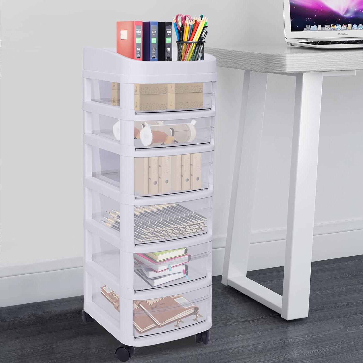 White 6-Tier Plastic Rolling Storage Cart with Clear Drawers