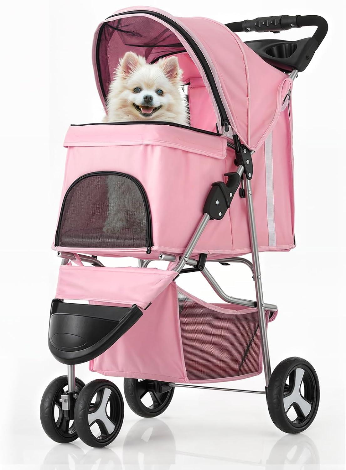 3 Wheel Folding Pet Stroller, Foldable Dog Jogger Stroller with Storage Basket, Cup Holder & Canopy