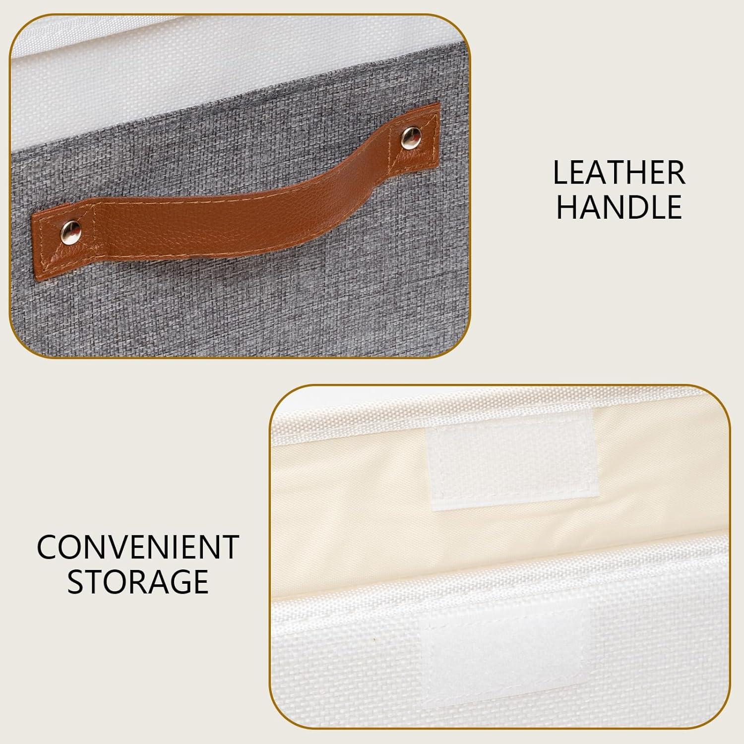 Yawinhe Storage Boxes with Lids, Linen Fabric Bin, Cube Organizer Basket, Washable and Leather Handle, for Home, Closet, White/Grey, 15.0''Lx9.8''Wx9.8''H, 1-Pack, USNK024WGL-1