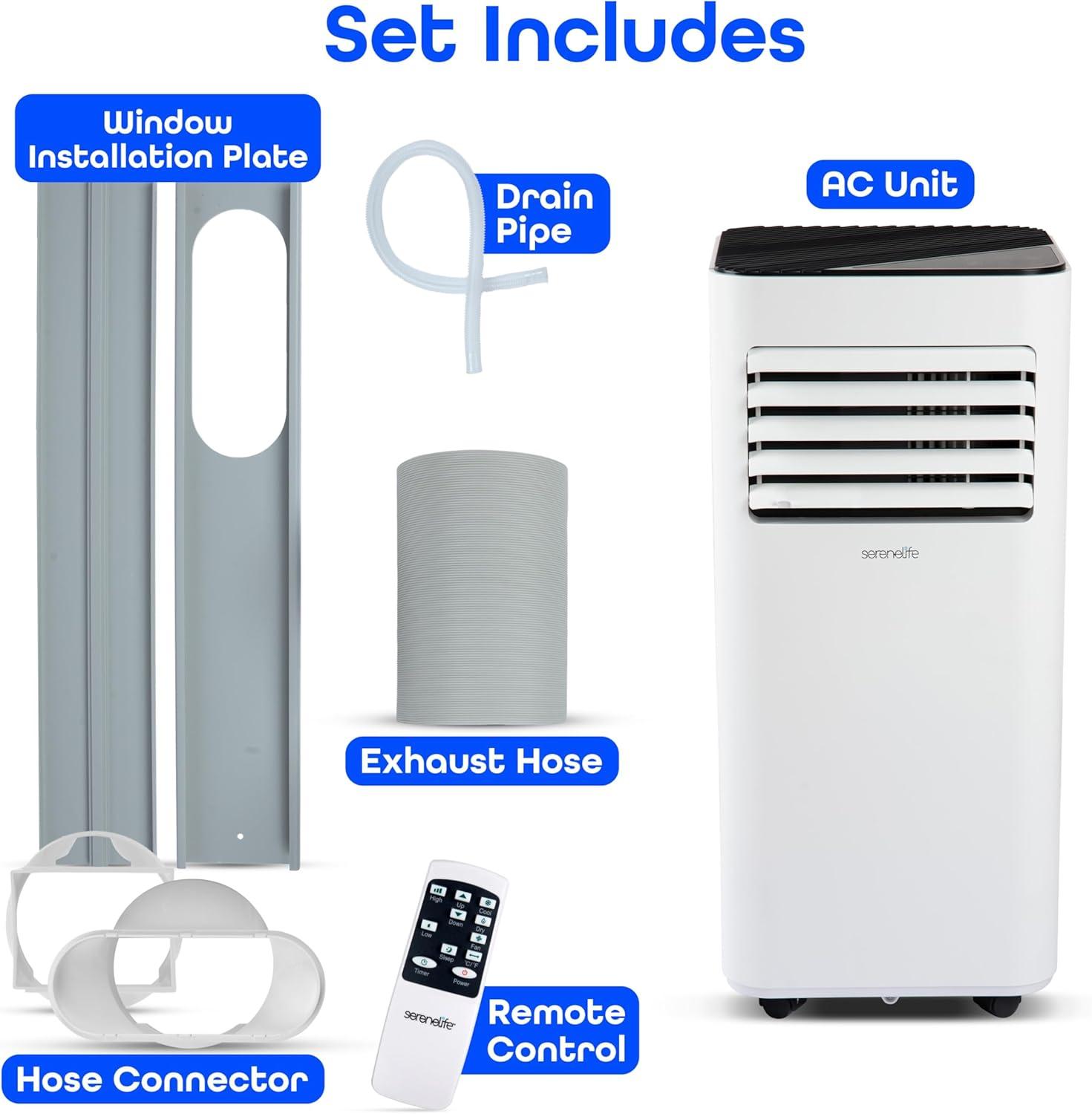 Serenelife 8000 BTU Portable Air Conditioner - 3-In-1 Compact Standing Air Conditioner For Room Up To 300 Sq. Ft. - Floor AC Unit With Remote Control - Universal Casters, Window Mount Kit