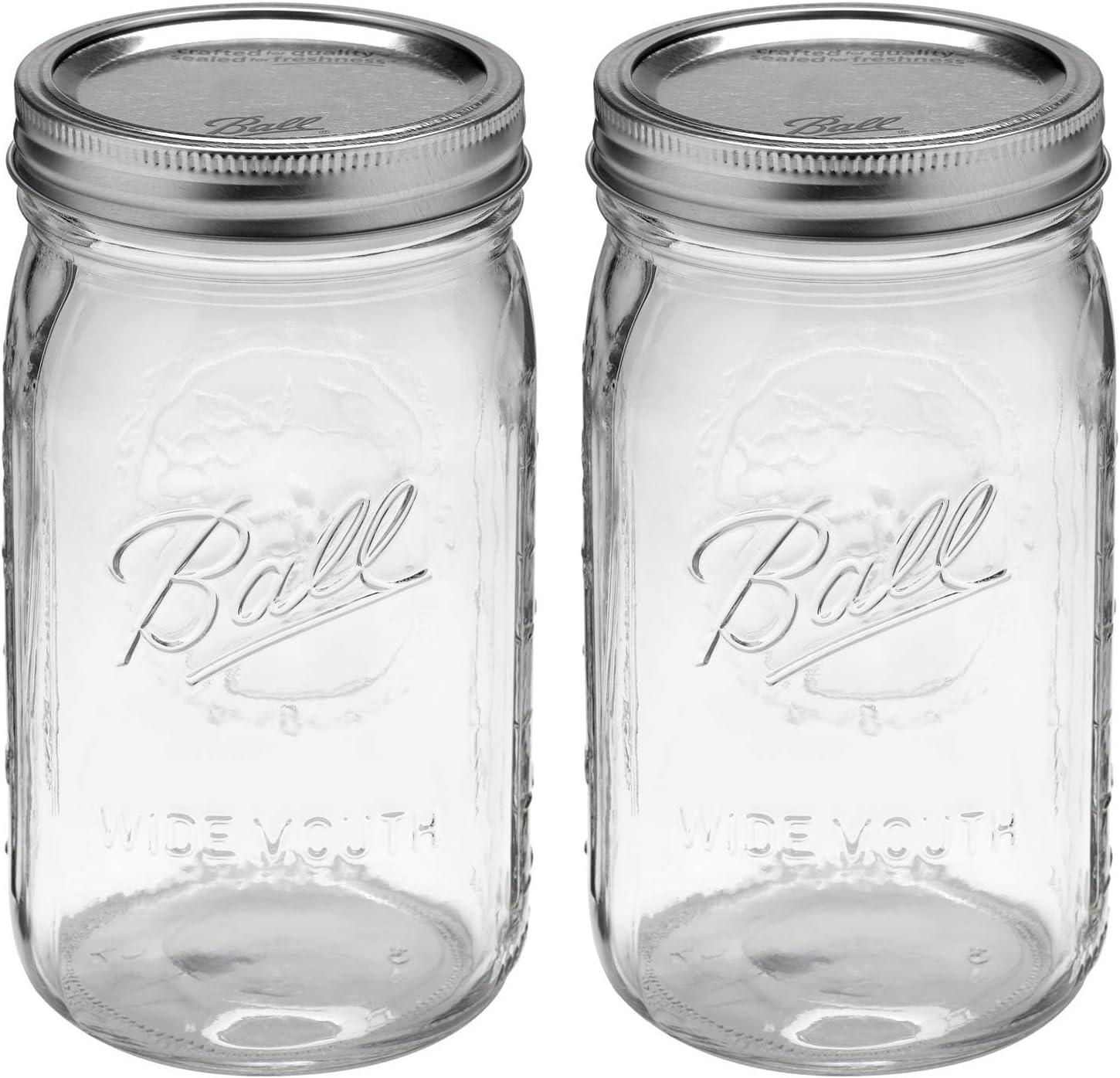 Ball Wide Mouth 32-Ounce Clear Glass Mason Jars with Lids, 2-Pack