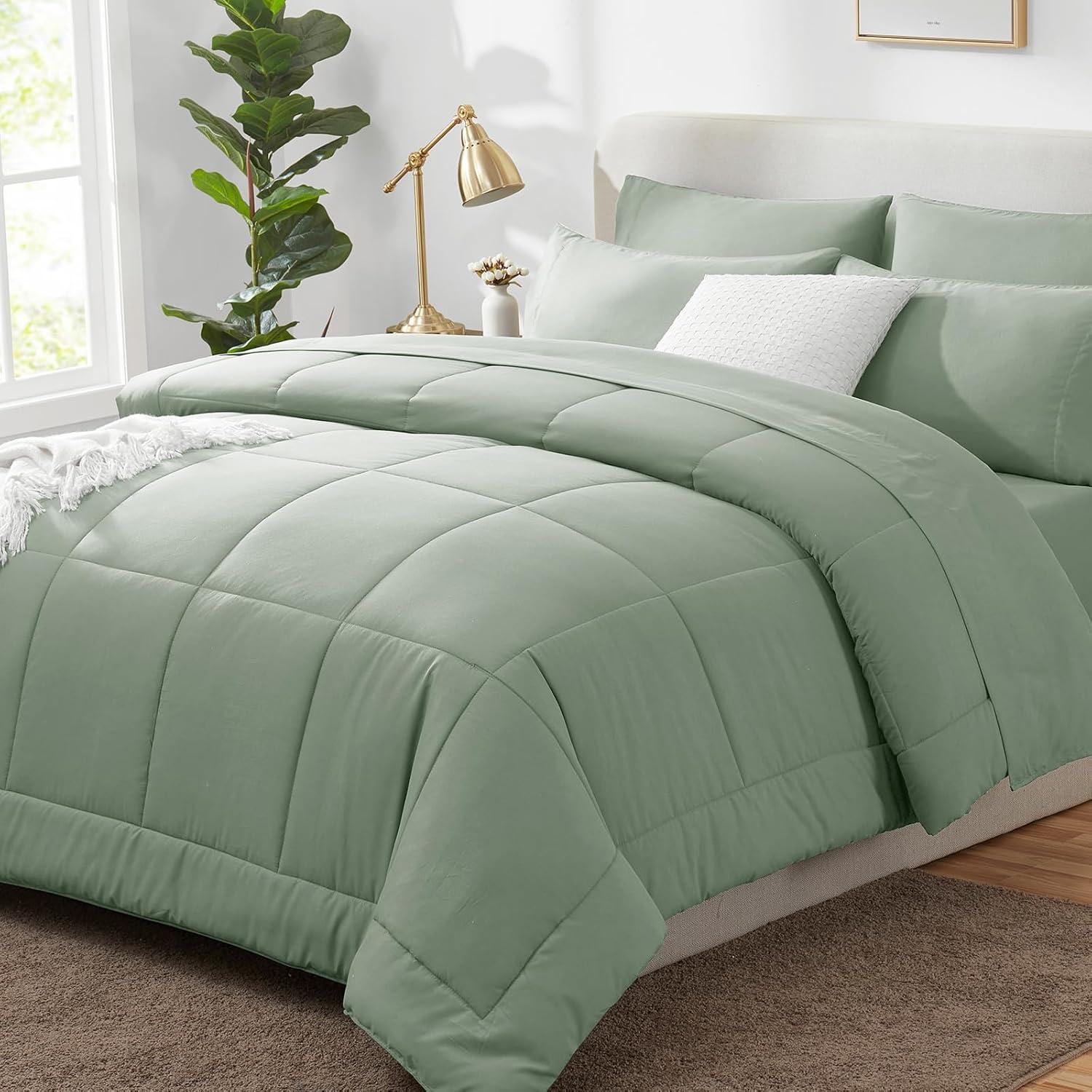 Cozy Comfort Sage Green King Size Comforter Set - 7 Pieces Solid King Bed in a Bag, King Bed Set Sage Green with Quilted Warm Fluffy Comforters, Sheets, Pillowcases & Shams