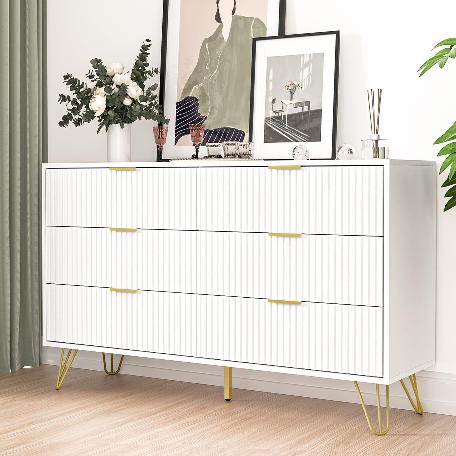 White Fluted 6-Drawer Dresser with Gold Handles