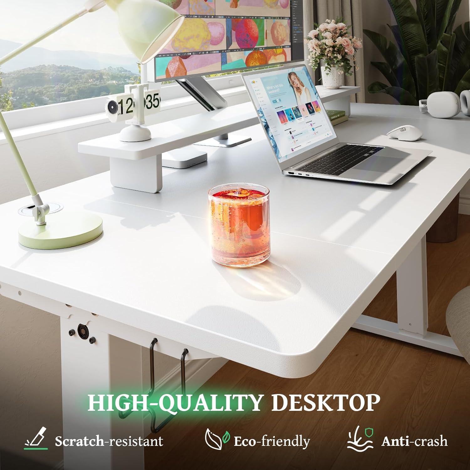 White Adjustable Height Standing Computer Desk with Headphone Hook