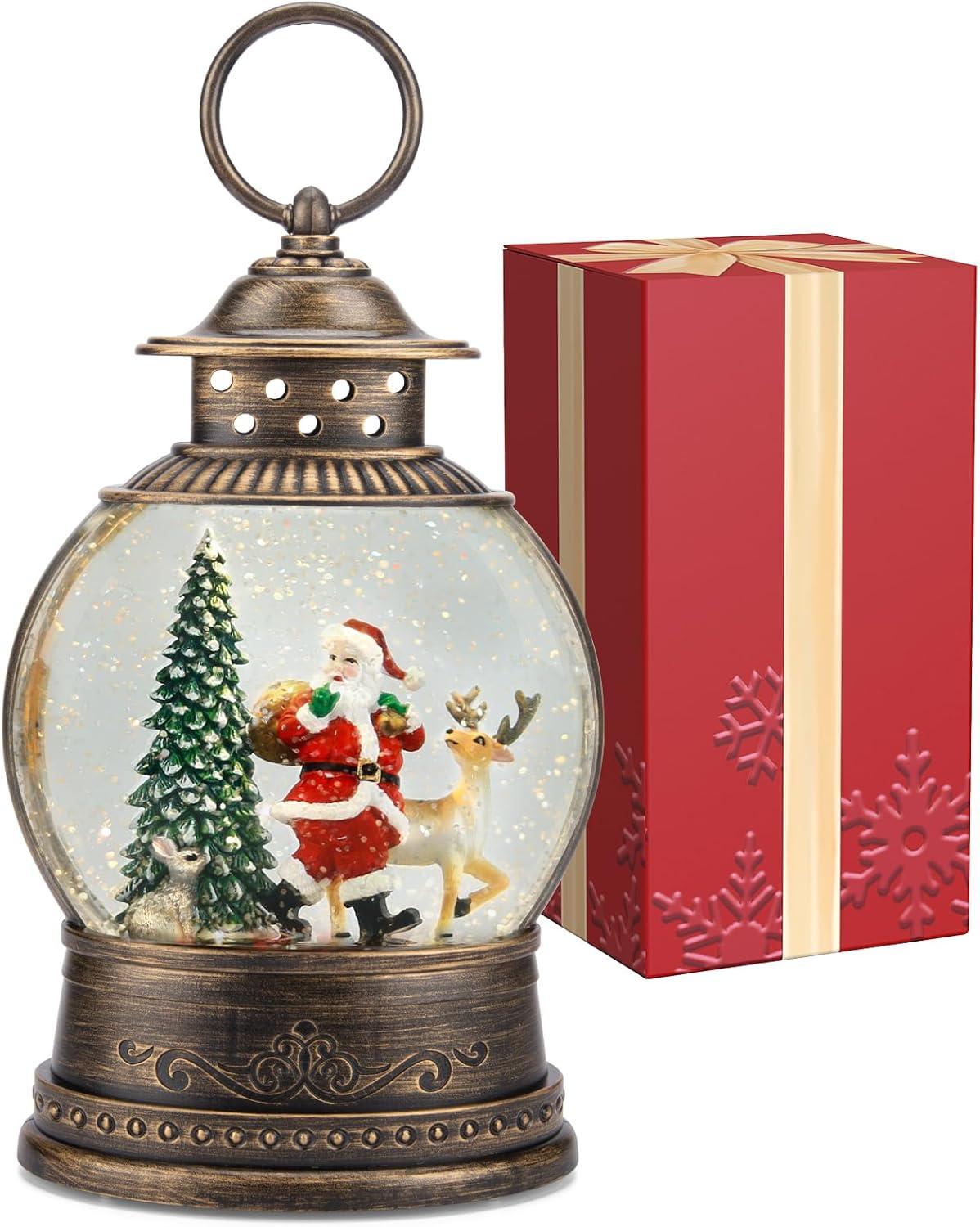 Vintage Brass Musical Santa Christmas Snow Globe Lantern