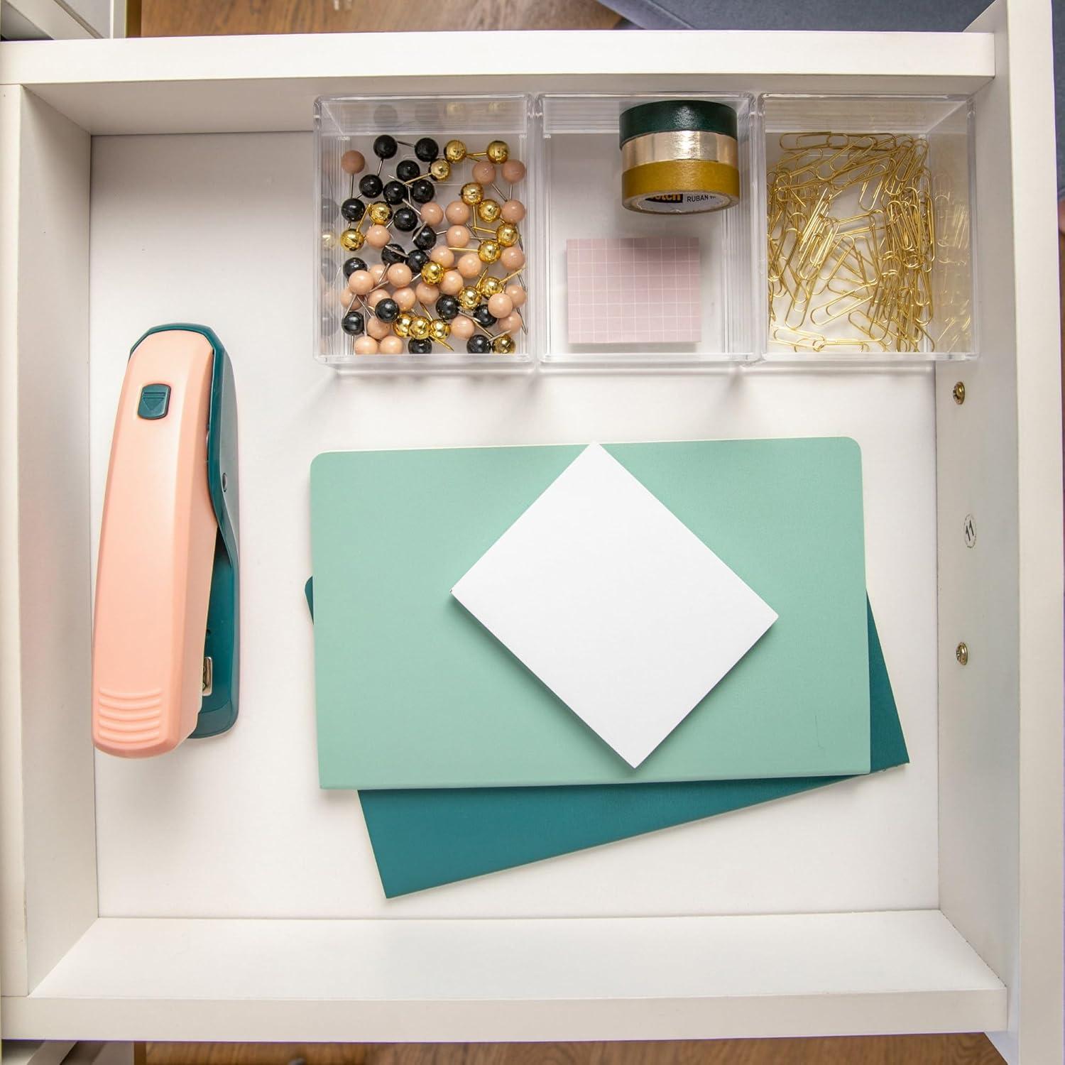 Martha Stewart Brody Clear Plastic Storage Organizer Bins with White Engineered Wood Lid for Home Office, Kitchen, or Bathroom, 3 Pack Small, 3.75" x 3"