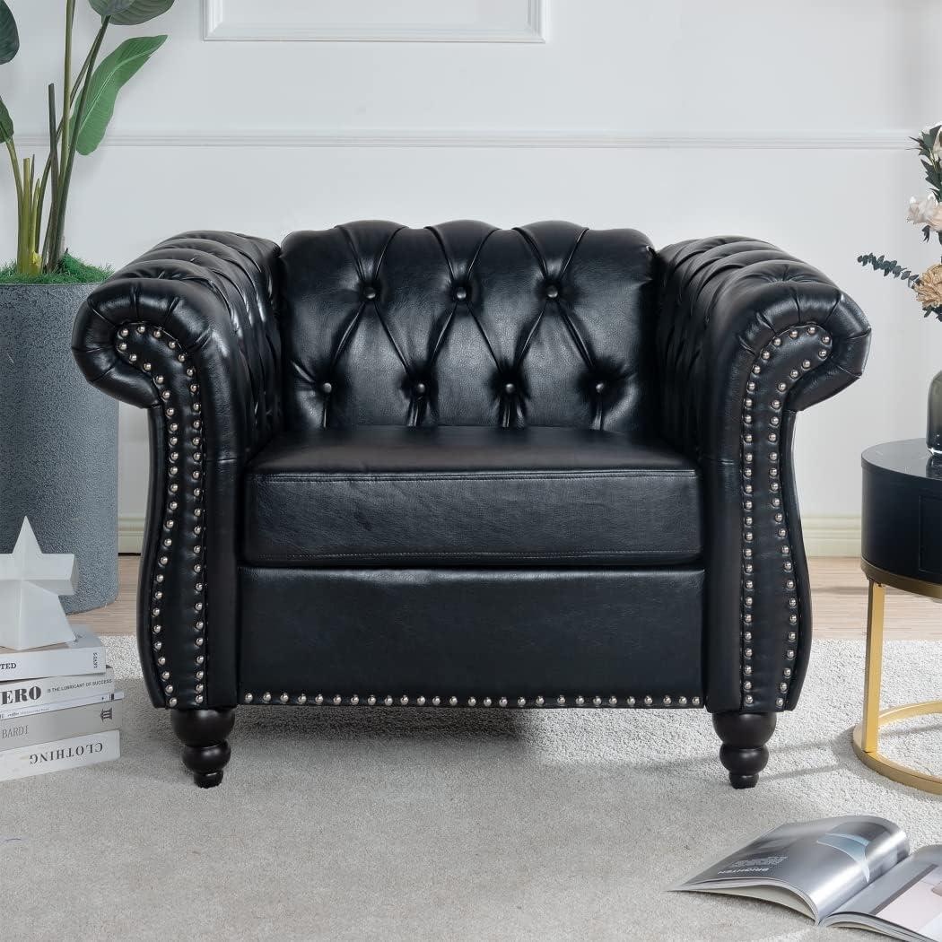 Highland Chesterfield Upholstered Accent Chair in PU with Tufted Back - 39"Wx33"Dx28"D Black