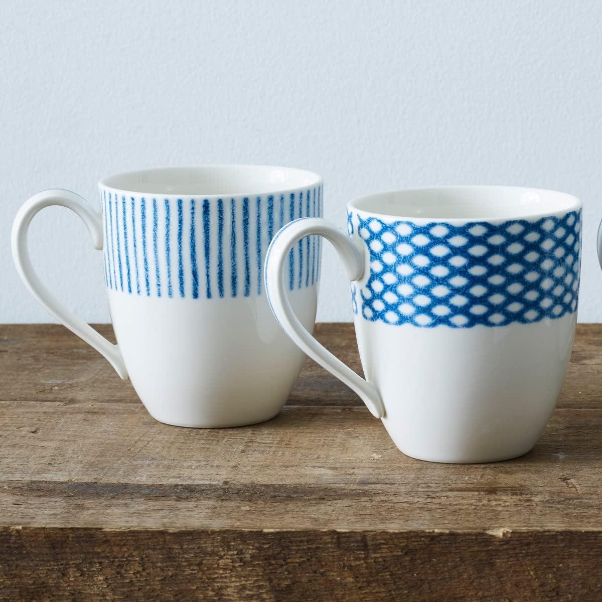 Nautical Blue and White Ceramic Patterned Mug Set, 15 oz, Set of 4