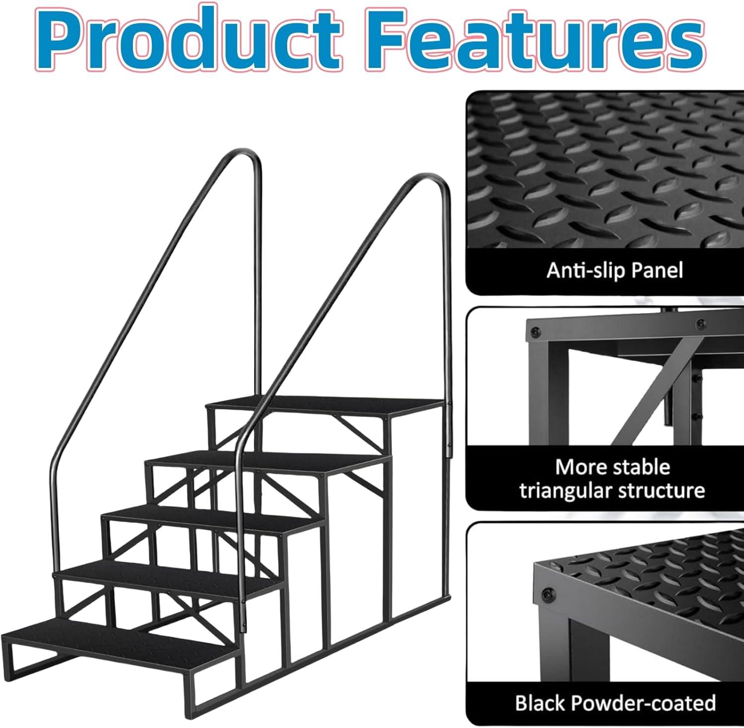 Tcbosik RV Steps with Handrail, 5 Steps Ladder Hot Tub Steps, Portable Stairs Step with Anti-Slip Panel, Heavy Duty Metal Mobile Home Stairs for Outdoor RV Step, Camper Trailer, Black