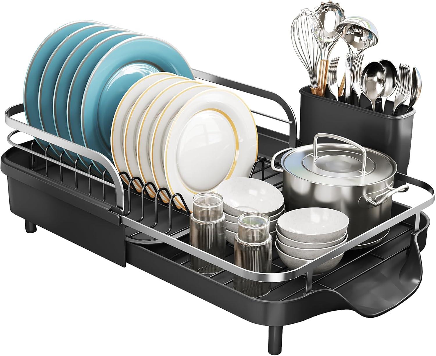 Fabhob Expandable Dish Rack for Kitchen Counter, Stainless Steel Dish Drainer with Drainboard Set and Utensil Holder