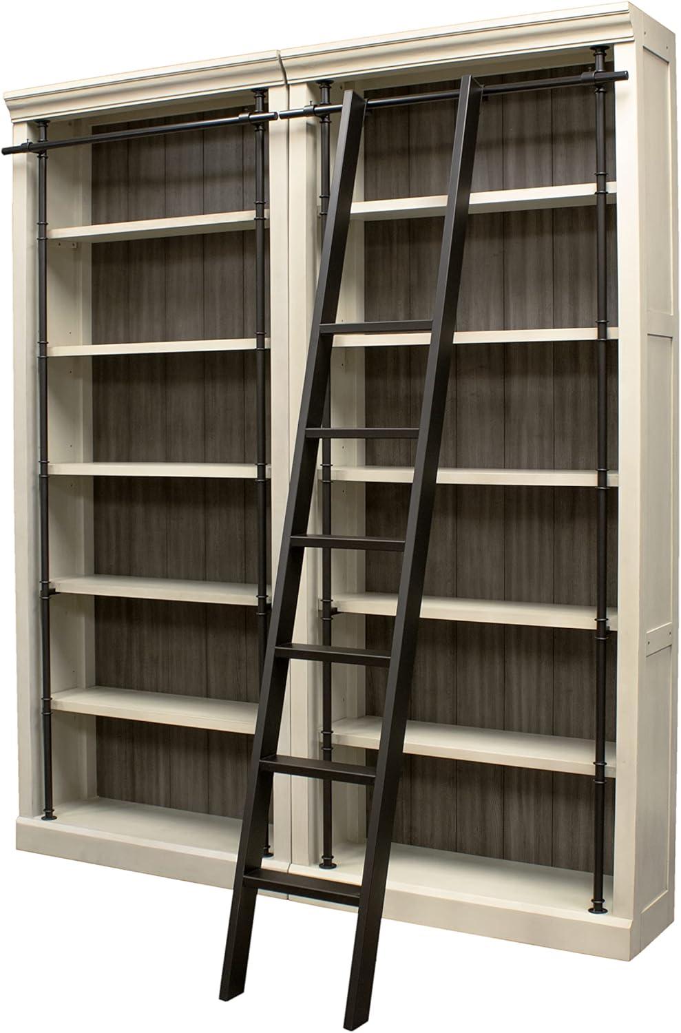 Traditional 8' Tall Wood Bookcase Wall With Ladder Aged Office Bookcases White