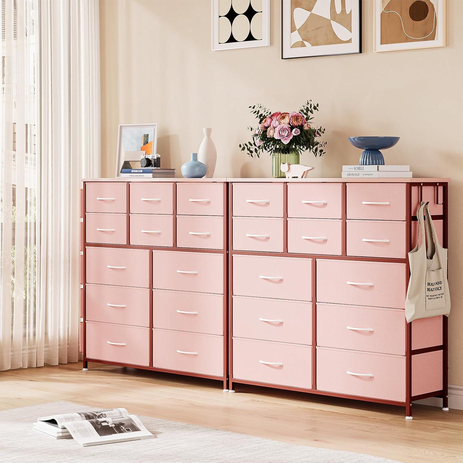 Jojoka 12-Drawer Dresser for Bedroom, Fabric Storage Organizer With Wood Top, Side Pockets & Hooks Cabinet for Closet, Nursery,  Pink