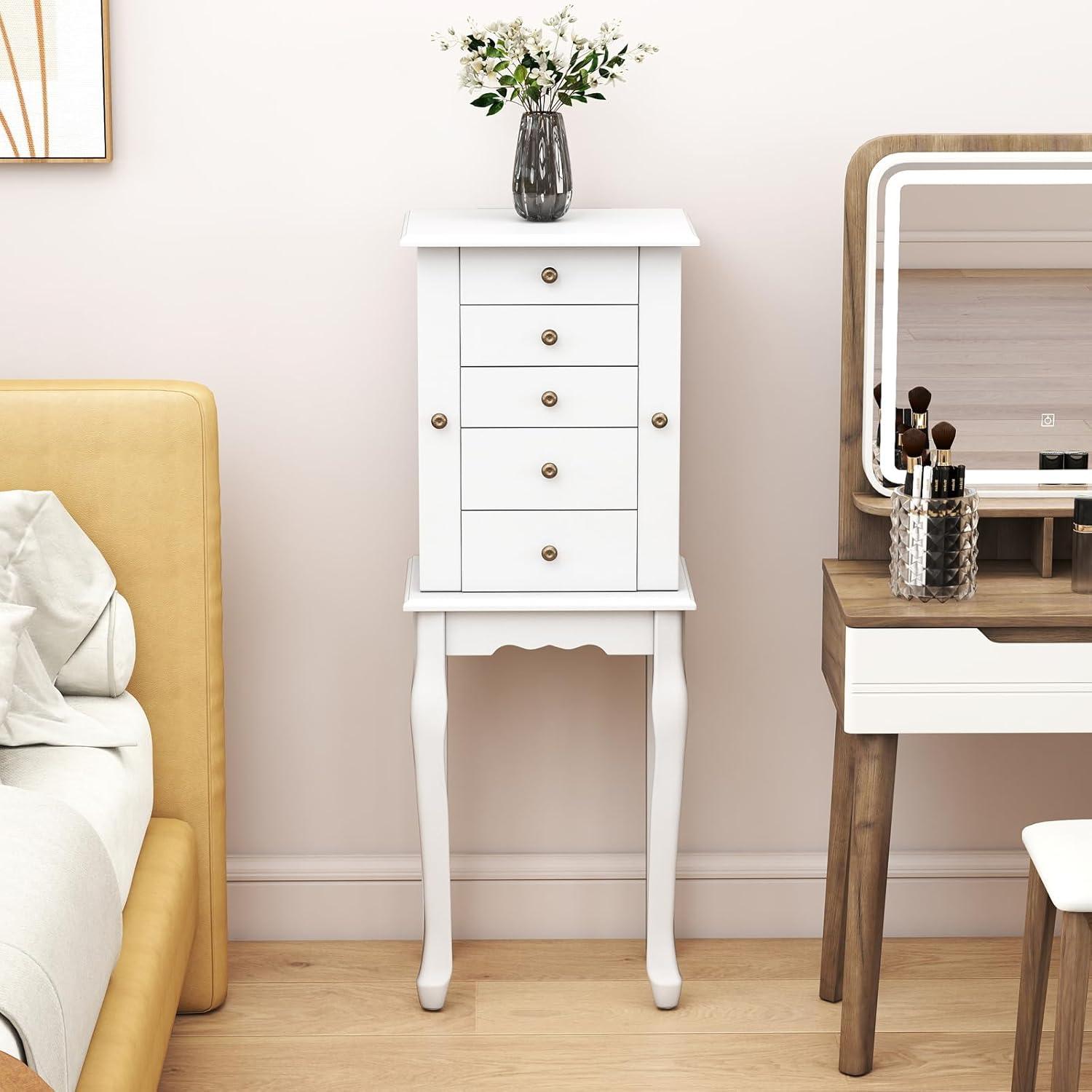 Standing Jewelry Cabinet Armoire with Top Flip Mirror, Jewelry Box Chest with 4 Drawers, Top Compartments, 8 Necklace Hooks and 2 Side Doors, White