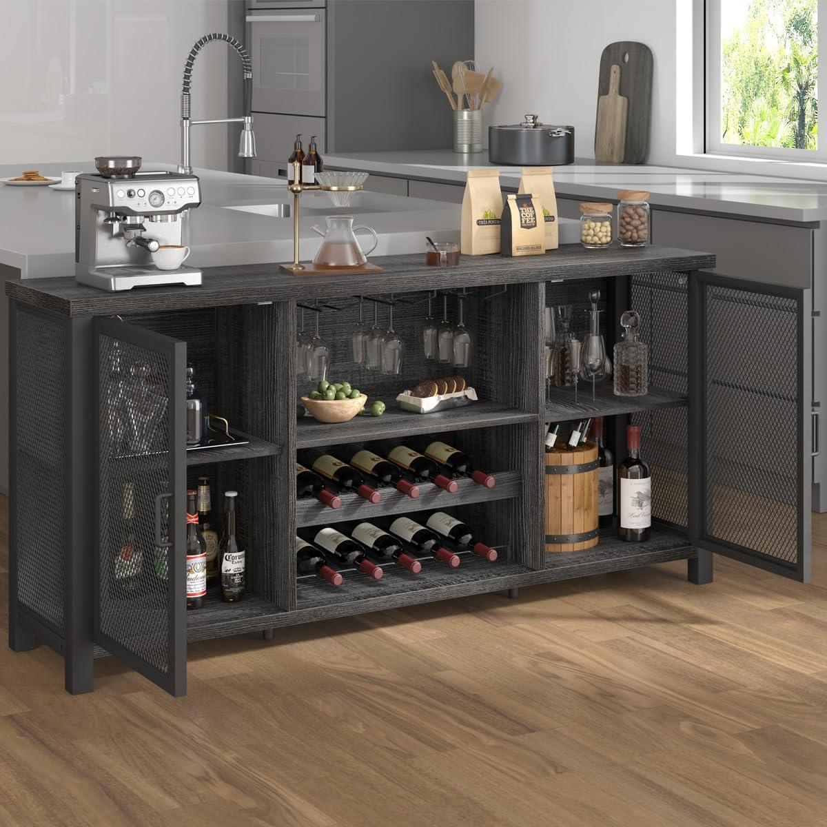 Industrial Dark Gray Oak Bar Cabinet with Mesh Doors and Storage Rack