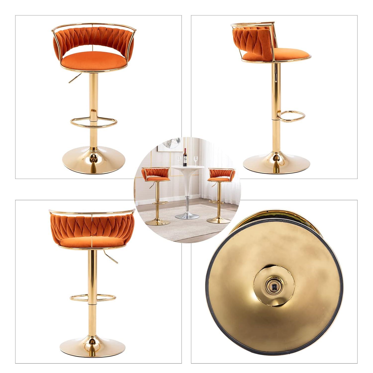 Modern Velvet Adjustable Swivel Bar Stools Set of 2 Orange