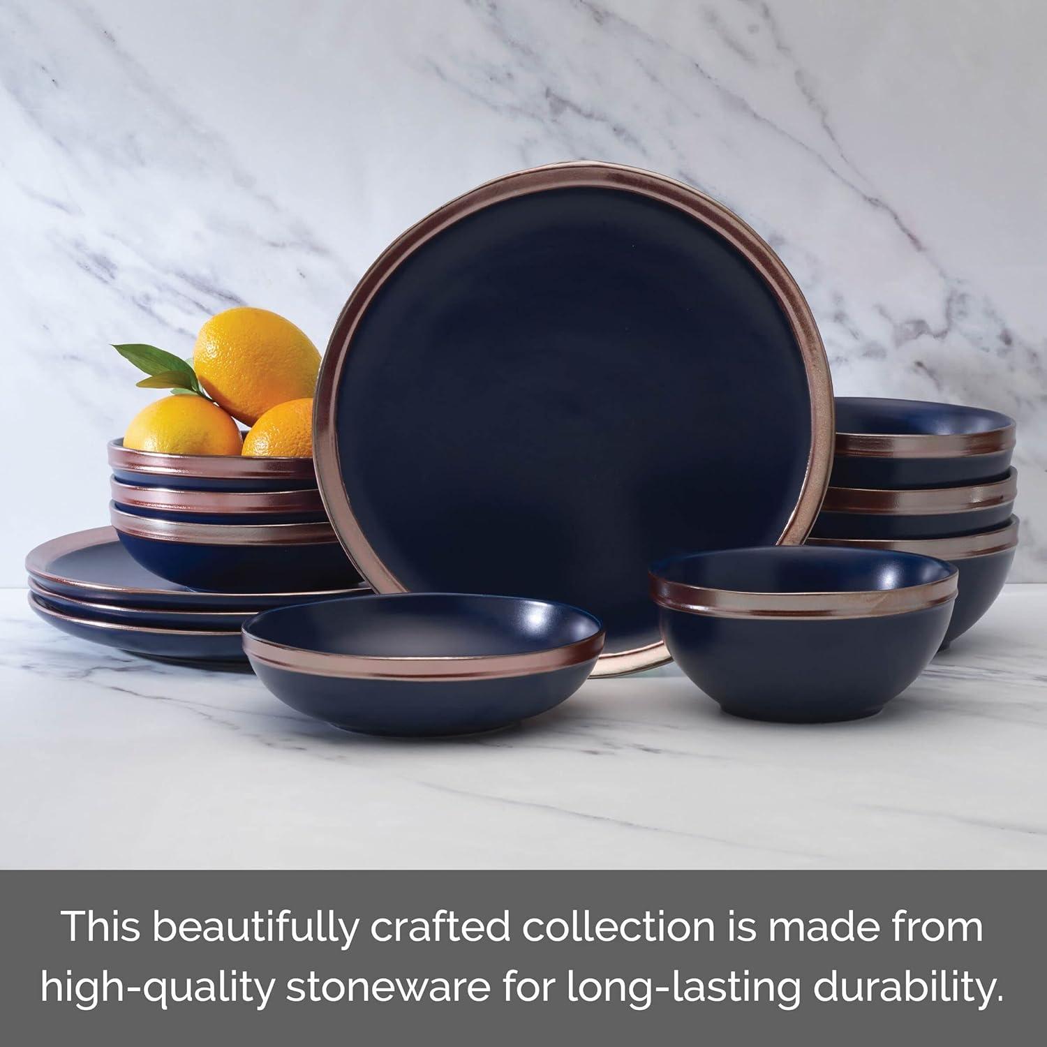 Blue Ceramic Dinnerware Set with Rose Gold Banding, Service for 4