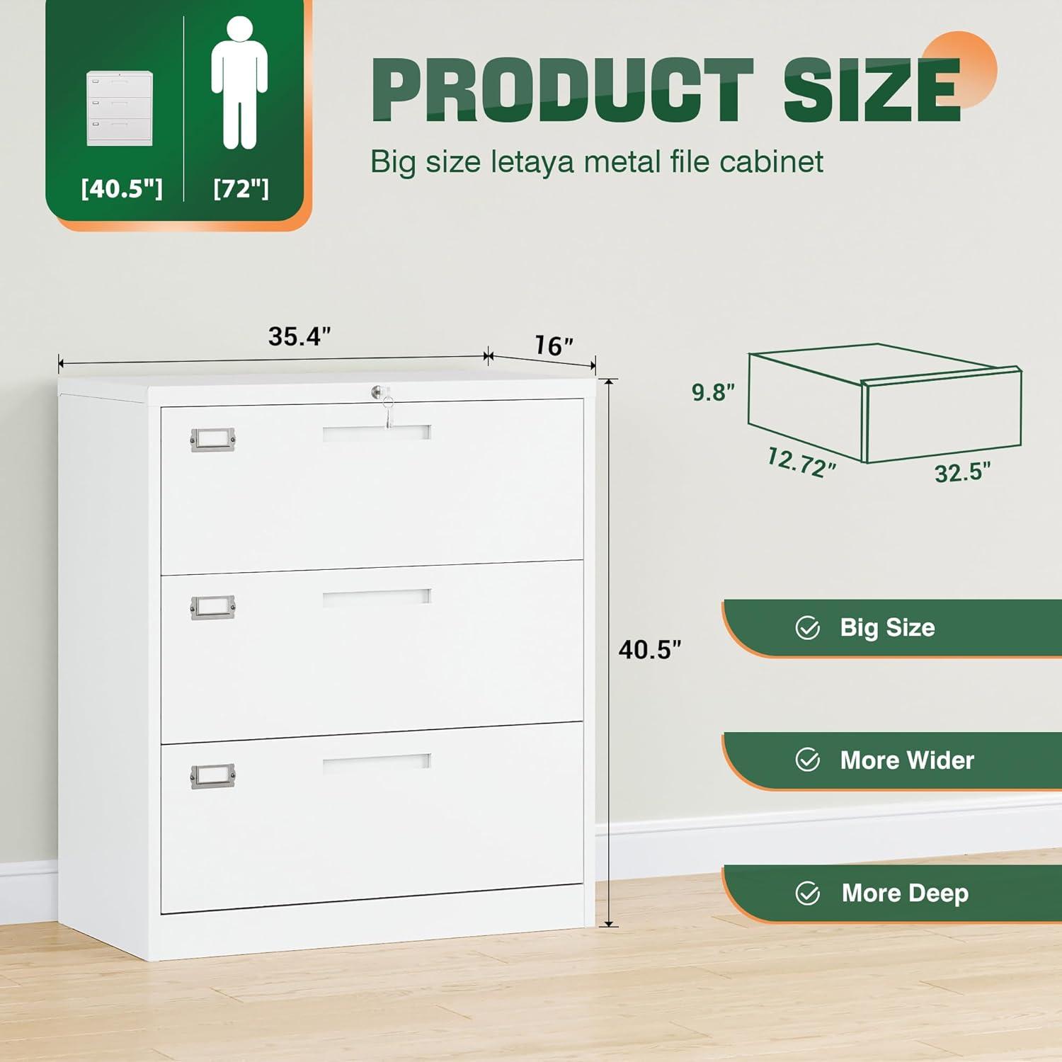 Lateral File Cabinet 3 Drawer,Metal Storage File Cabinet with Lock,Steel Lateral File Cabinet for Legal/Letter A4 Size,Wide File Cabinet for Office Home,Assembly Required