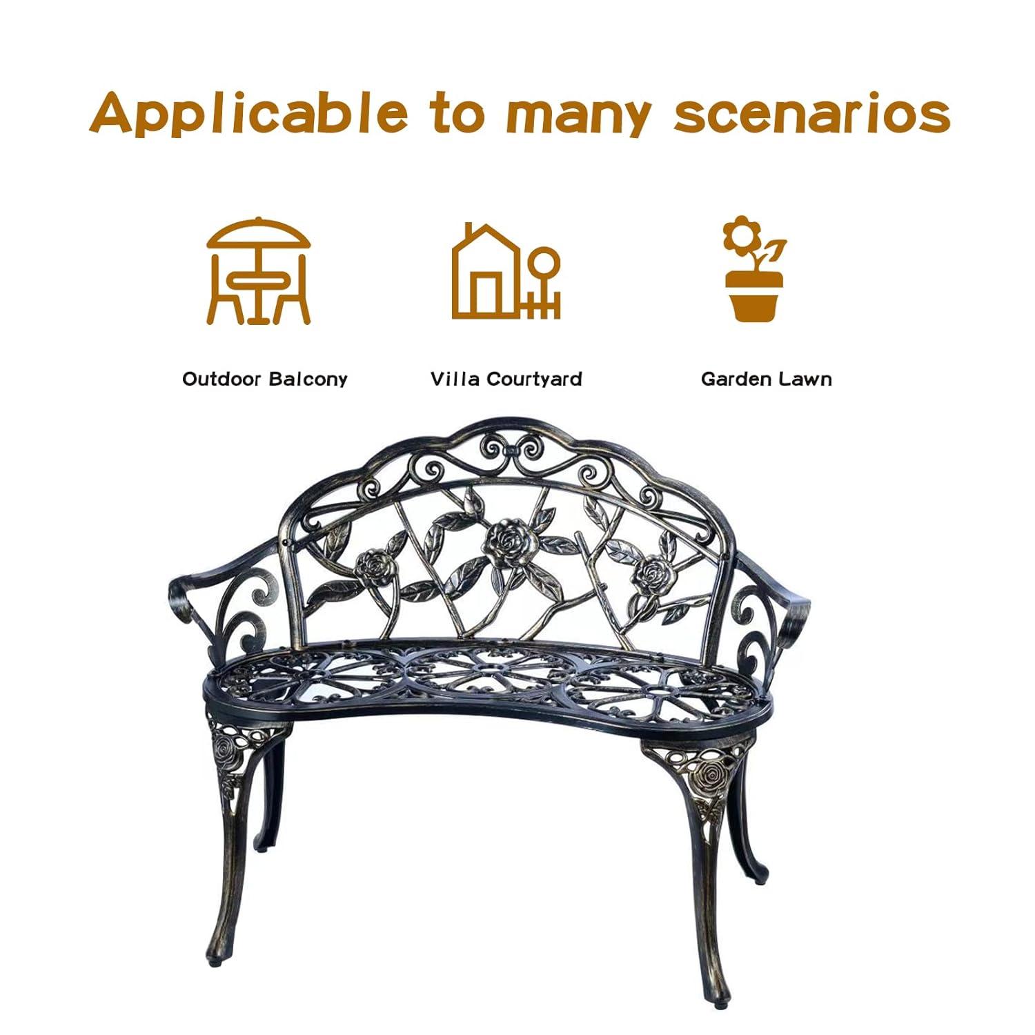 Patio Garden Bench Metal Park Bench Cast Aluminum Outdoor Furniture With Floral Rose,Copper